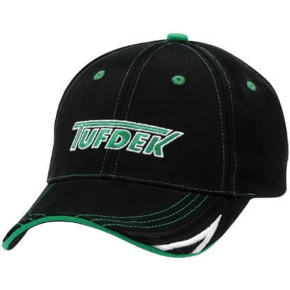 A black cap featuring green accents and a logo. The cap has a curved peak and is designed with stitching details.