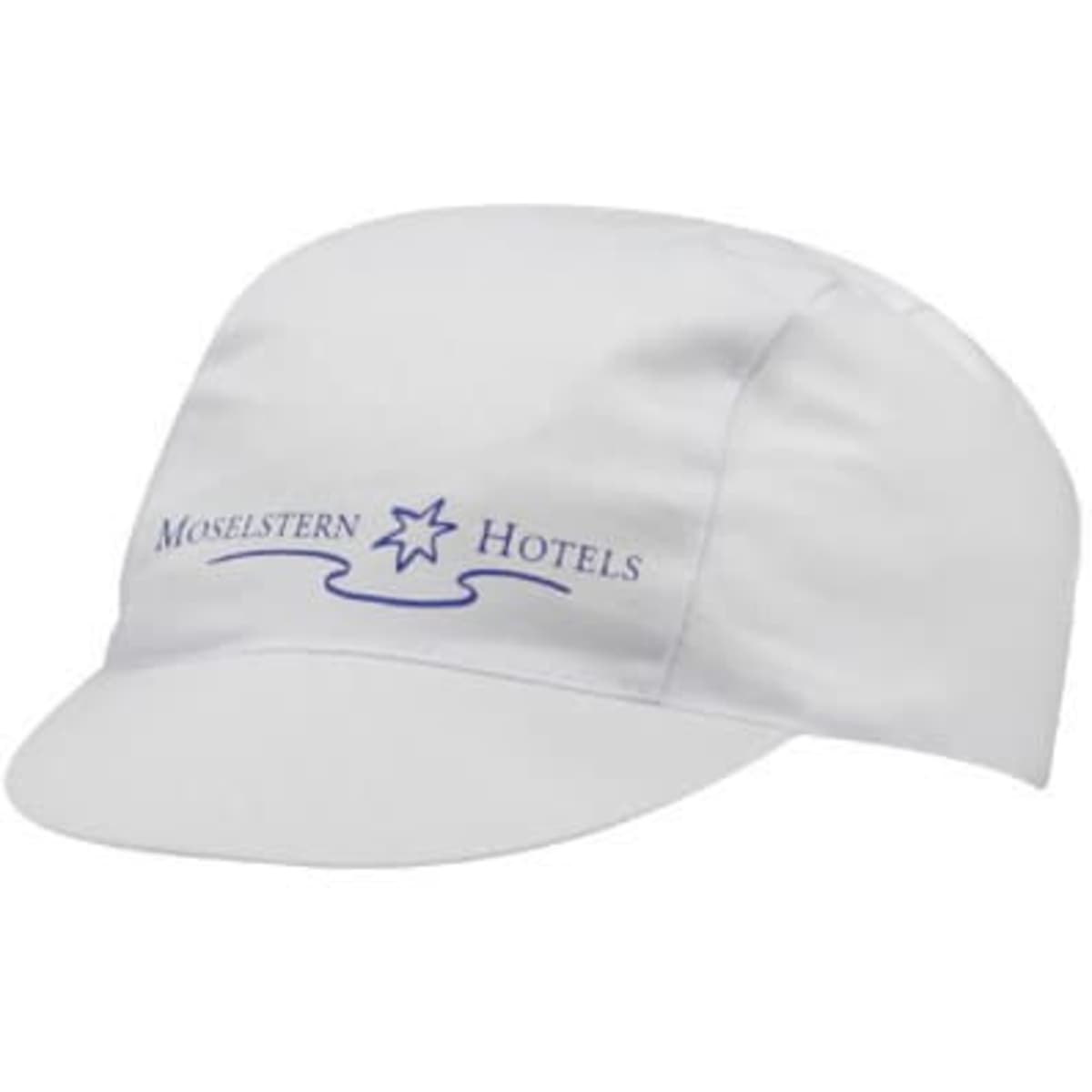 A white cap with a front peak and a logo. Suitable for various occasions.