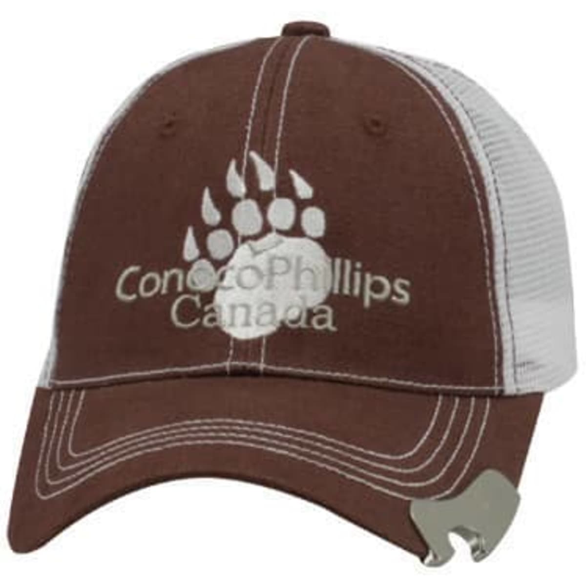 A brown cap with a mesh back featuring a logo on the front. It has a curved brim and an adjustable strap.