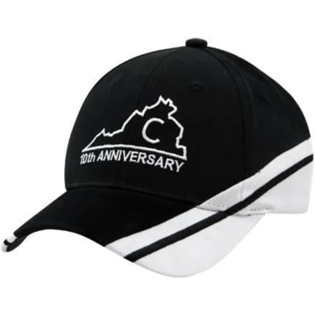 A black and white cap with a logo and text indicating a 10th anniversary.