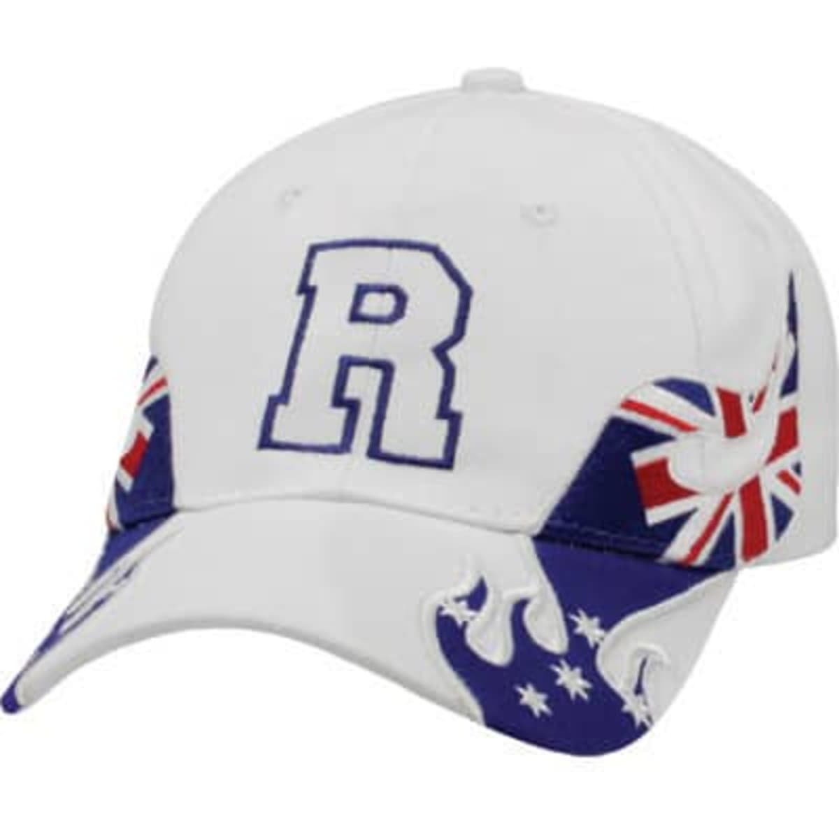 A white cap featuring an embroidered "R" and design elements in blue, red, and Australian flag motifs.