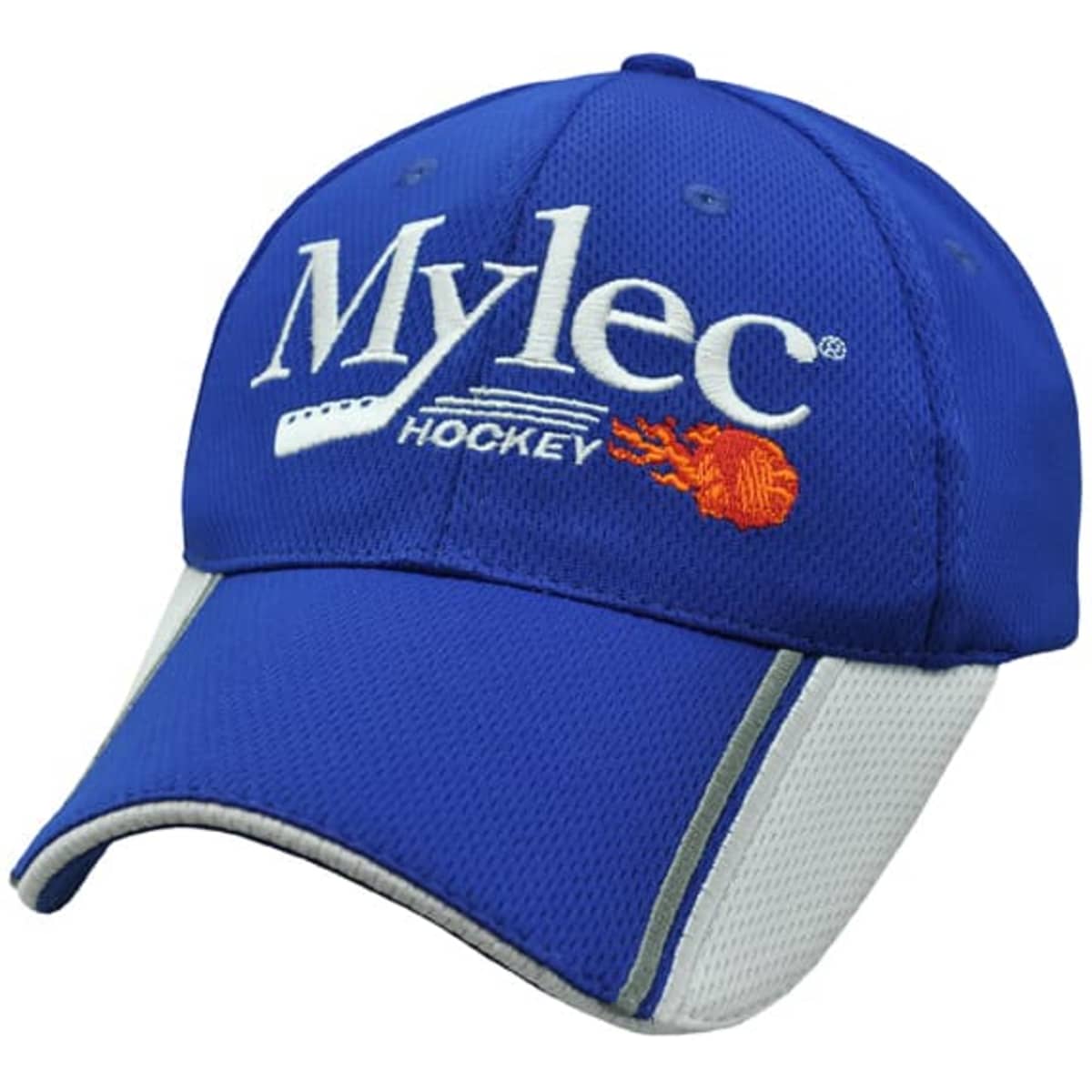 A blue cap with a white mesh underside and a logo on the front. Features include a sporty design and curved brim.