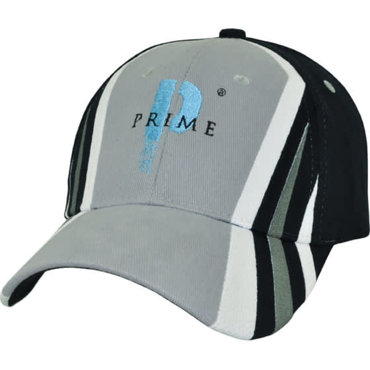 A cap featuring a grey, black, and white design with a logo on the front.