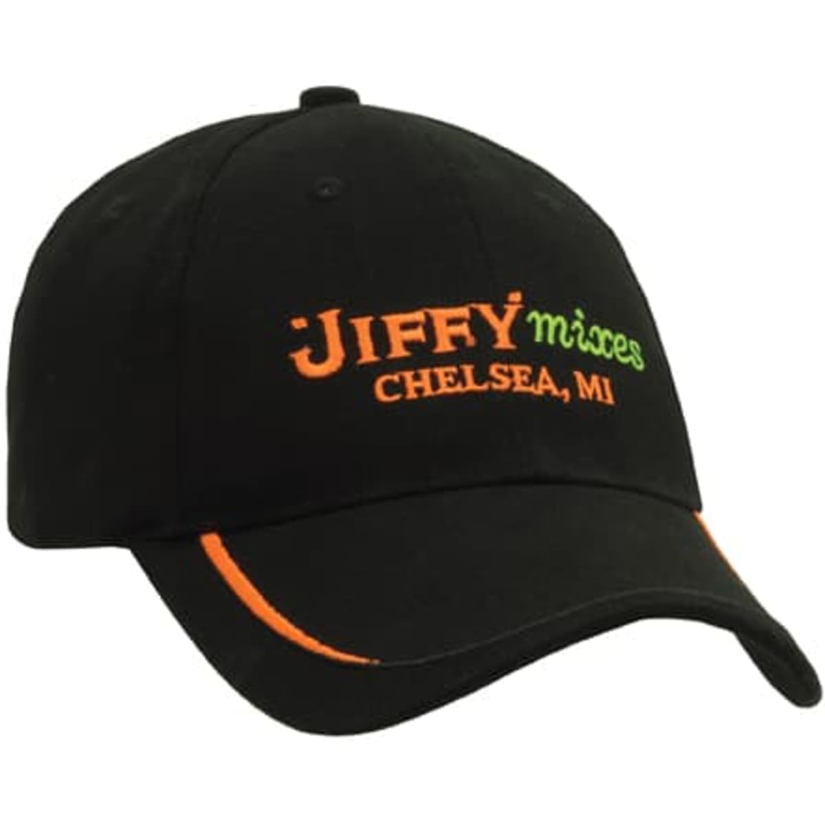 A black cap featuring green and orange embroidery, with a logo and text on the front.