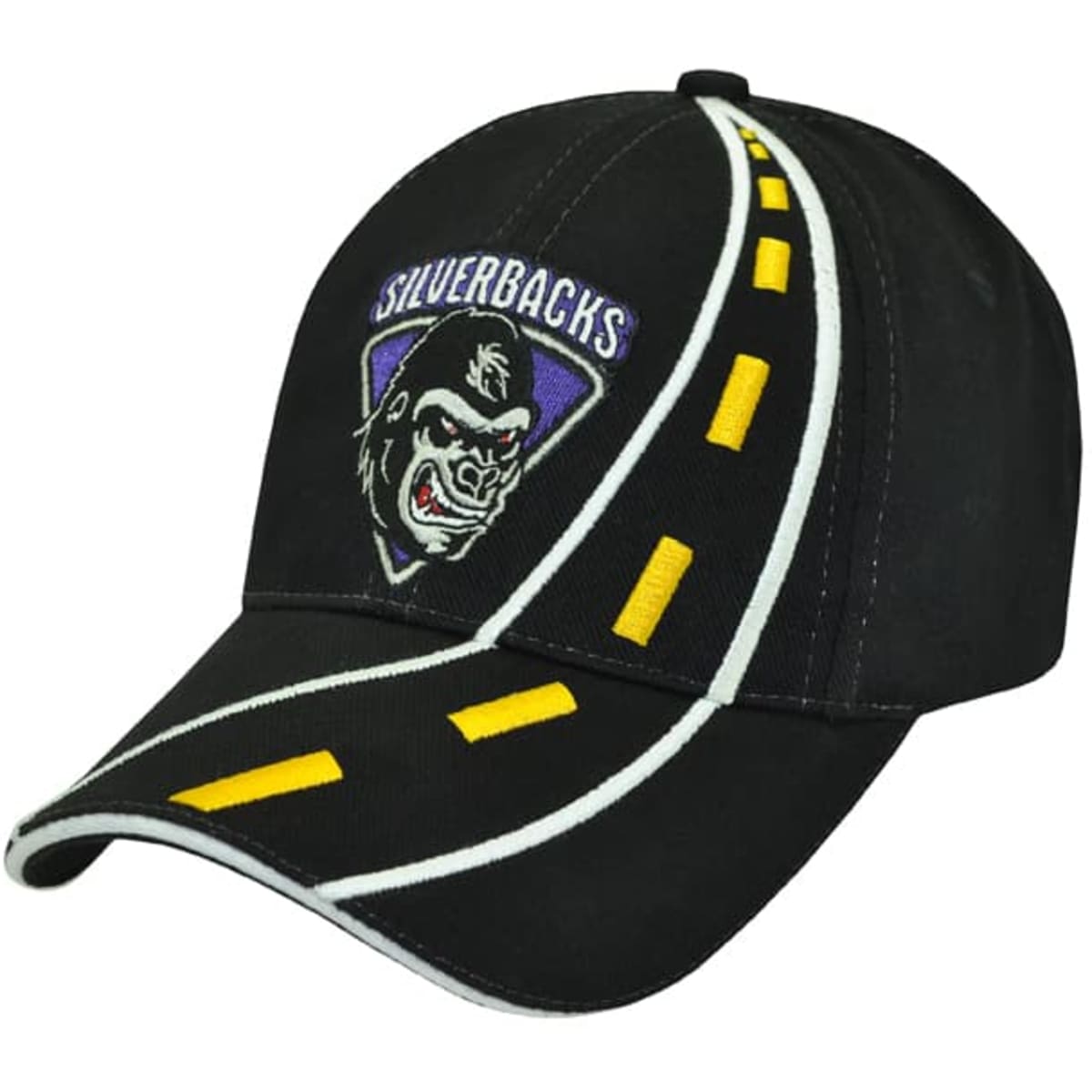 A black cap with a road design and a logo featuring a gorilla, showcasing a vibrant yellow and purple colour scheme.