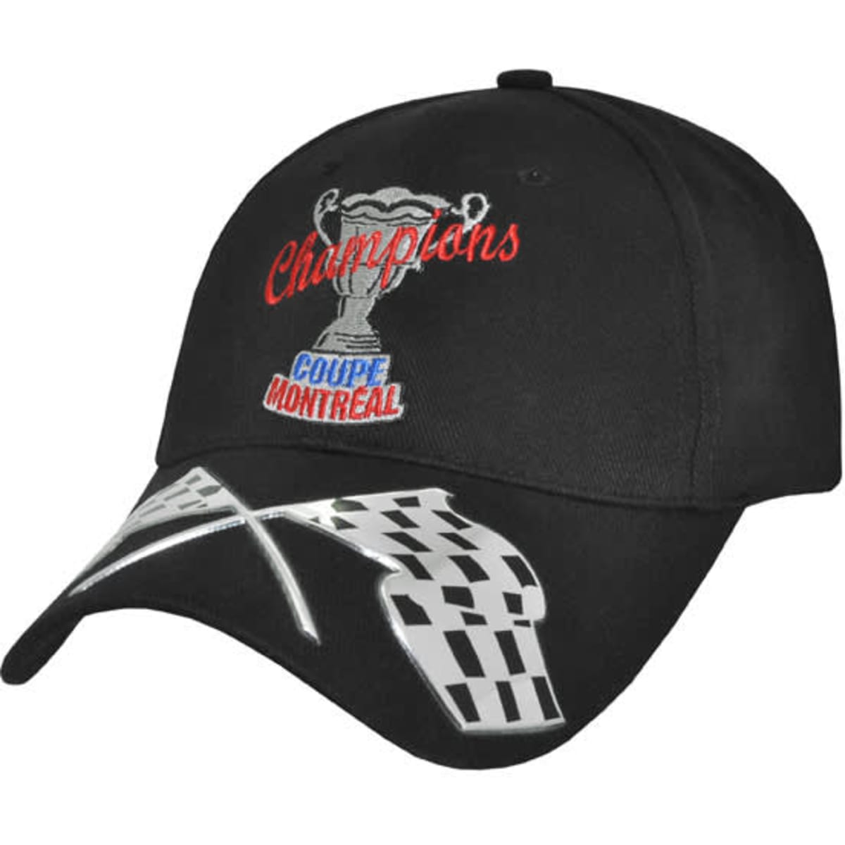 A black cap with embroidered text and a logo, featuring a trophy and checkered flags design.