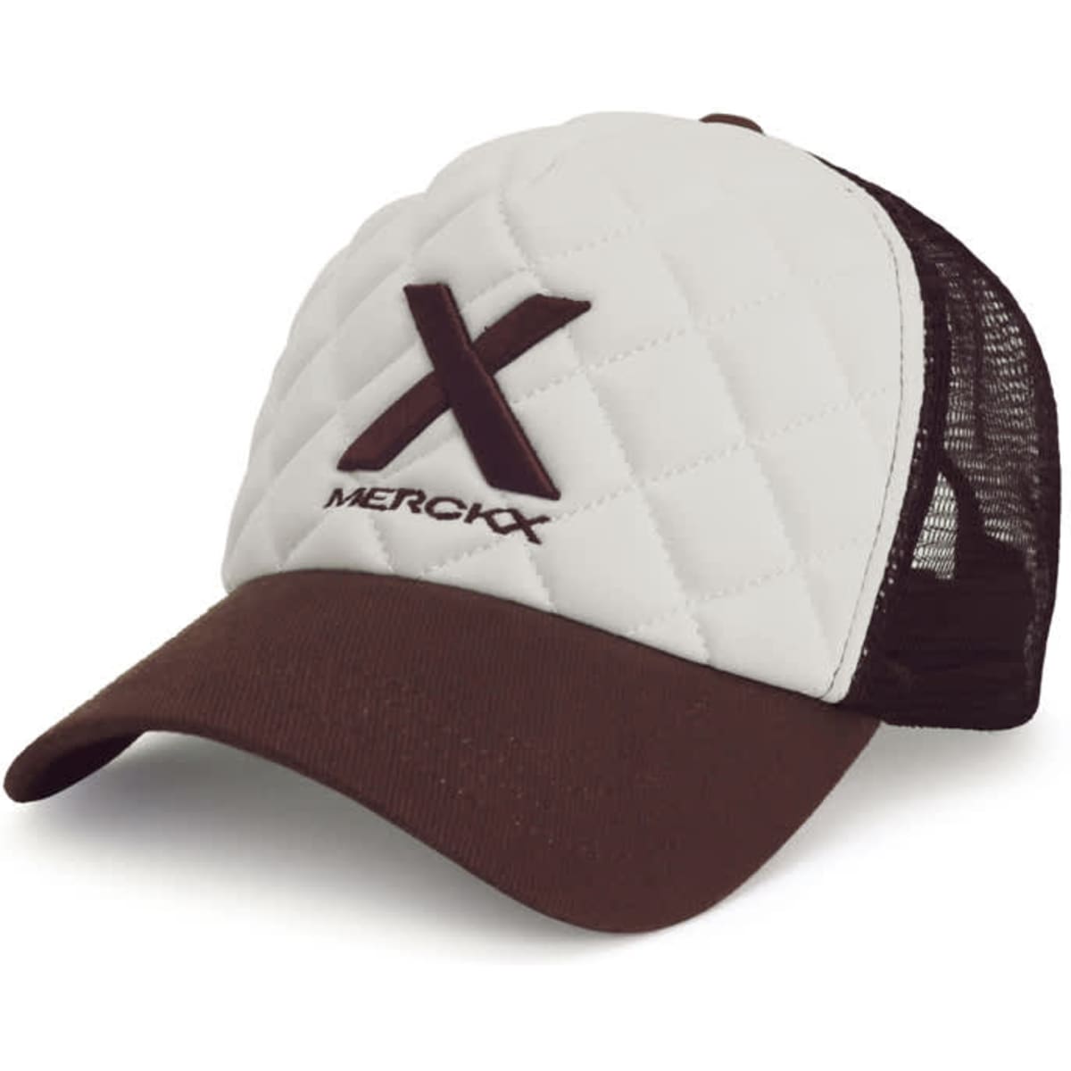 A brown and white cap with a quilted design and mesh sides, featuring a logo on the front.