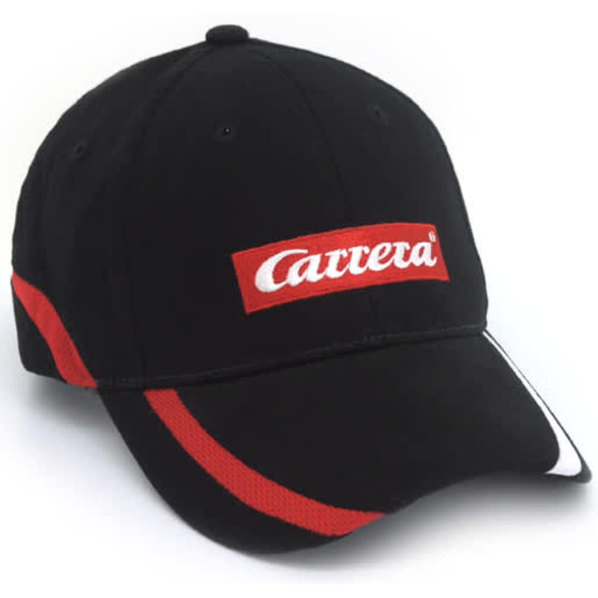 A black cap featuring a red stripe and a logo on the front. Designed for headwear use.