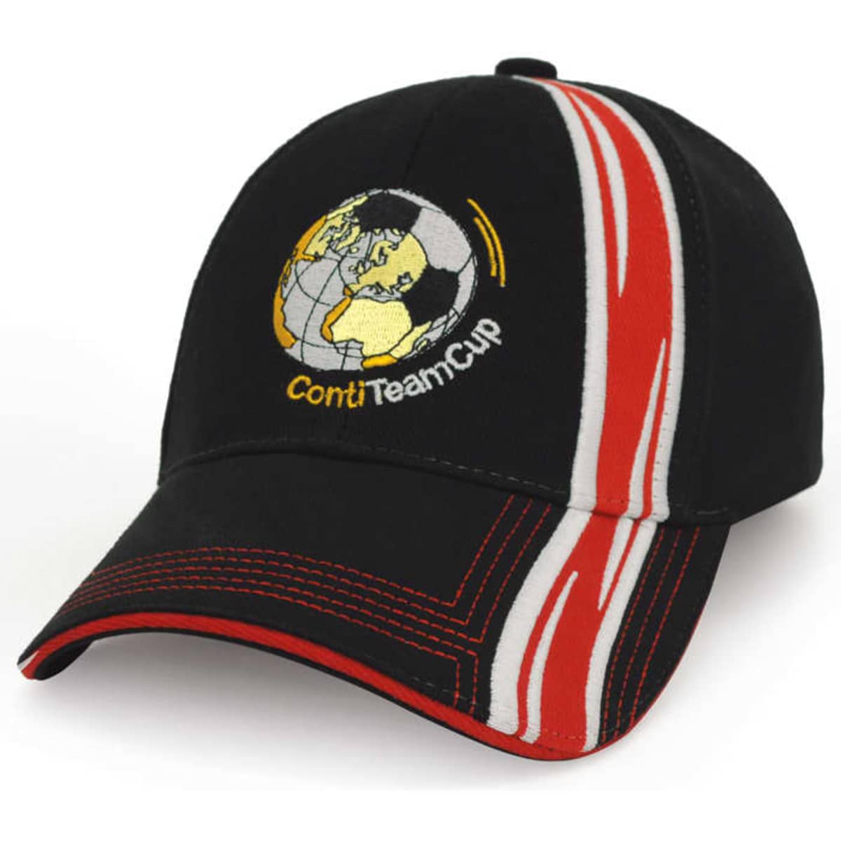 A black cap featuring a globe design and contrasting red stitching, with a logo on the front.