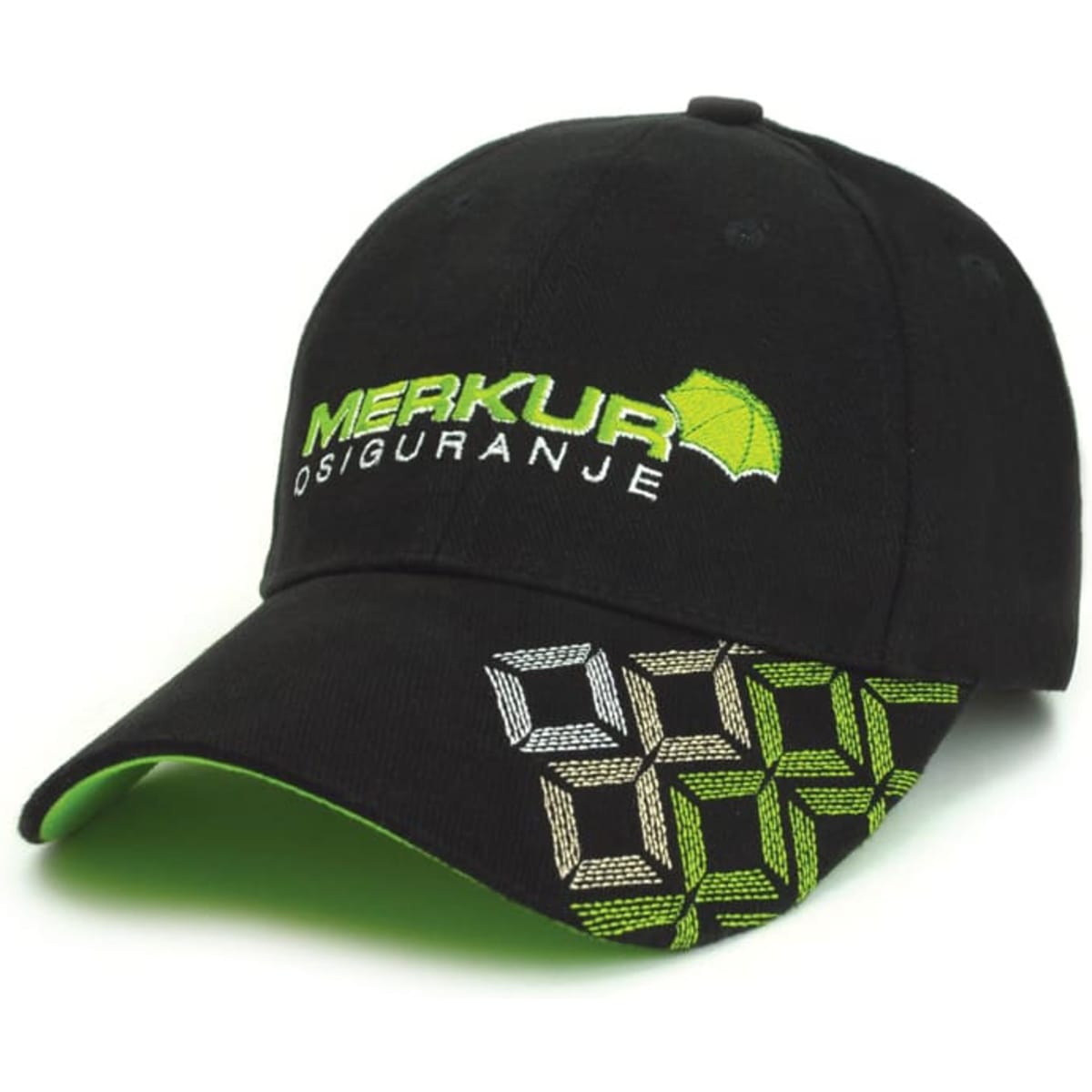 A black cap with green accents and a logo. The peak features a digital number pattern.