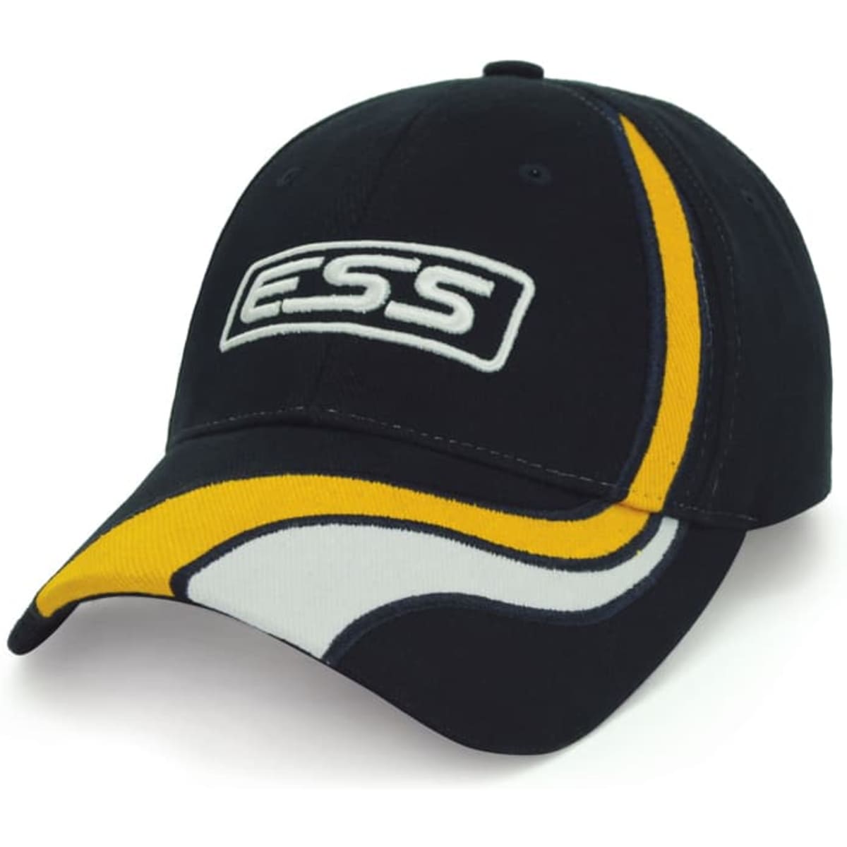 A navy cap with a yellow and white design, featuring a branded logo on the front.