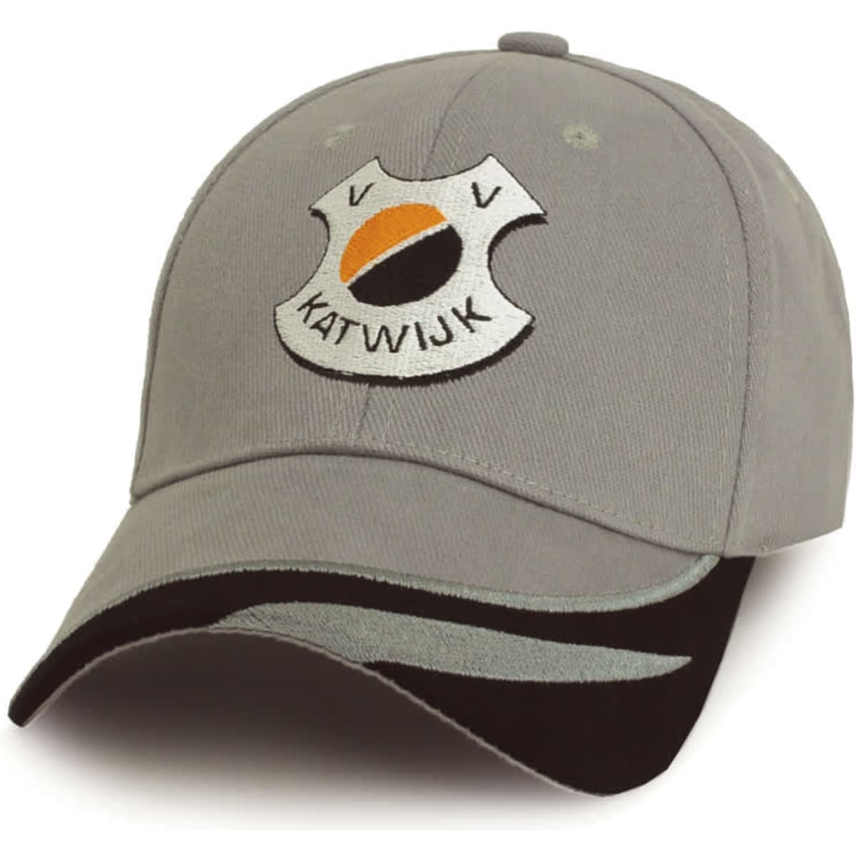 A grey cap featuring an emblem on the front, with a black brim and contrasting design elements.