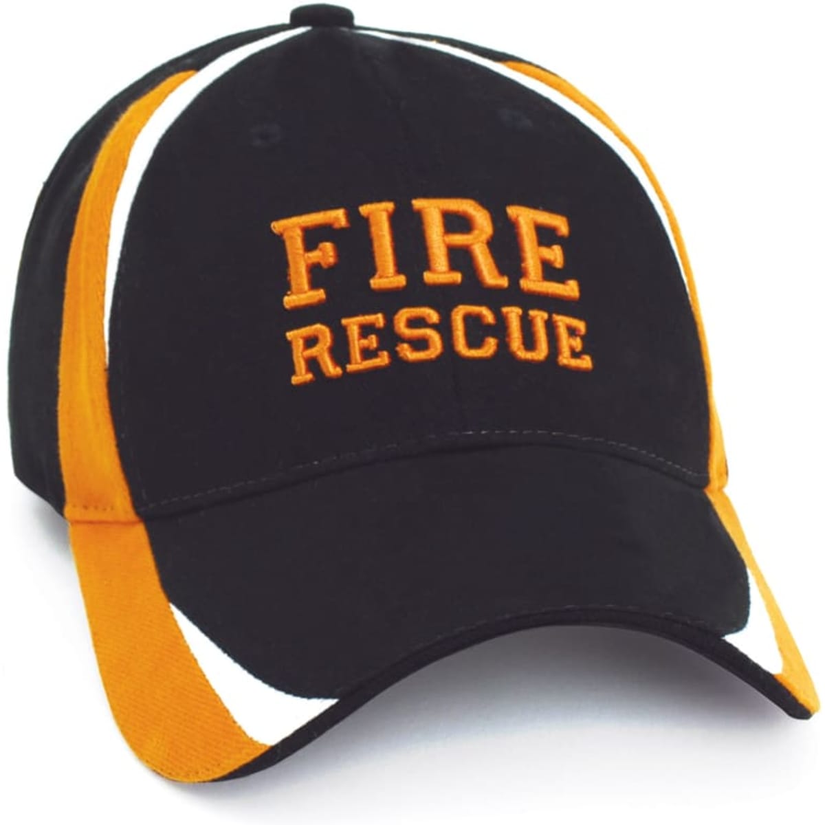 A black and orange cap featuring an embroidered logo and contrasting white stripes.