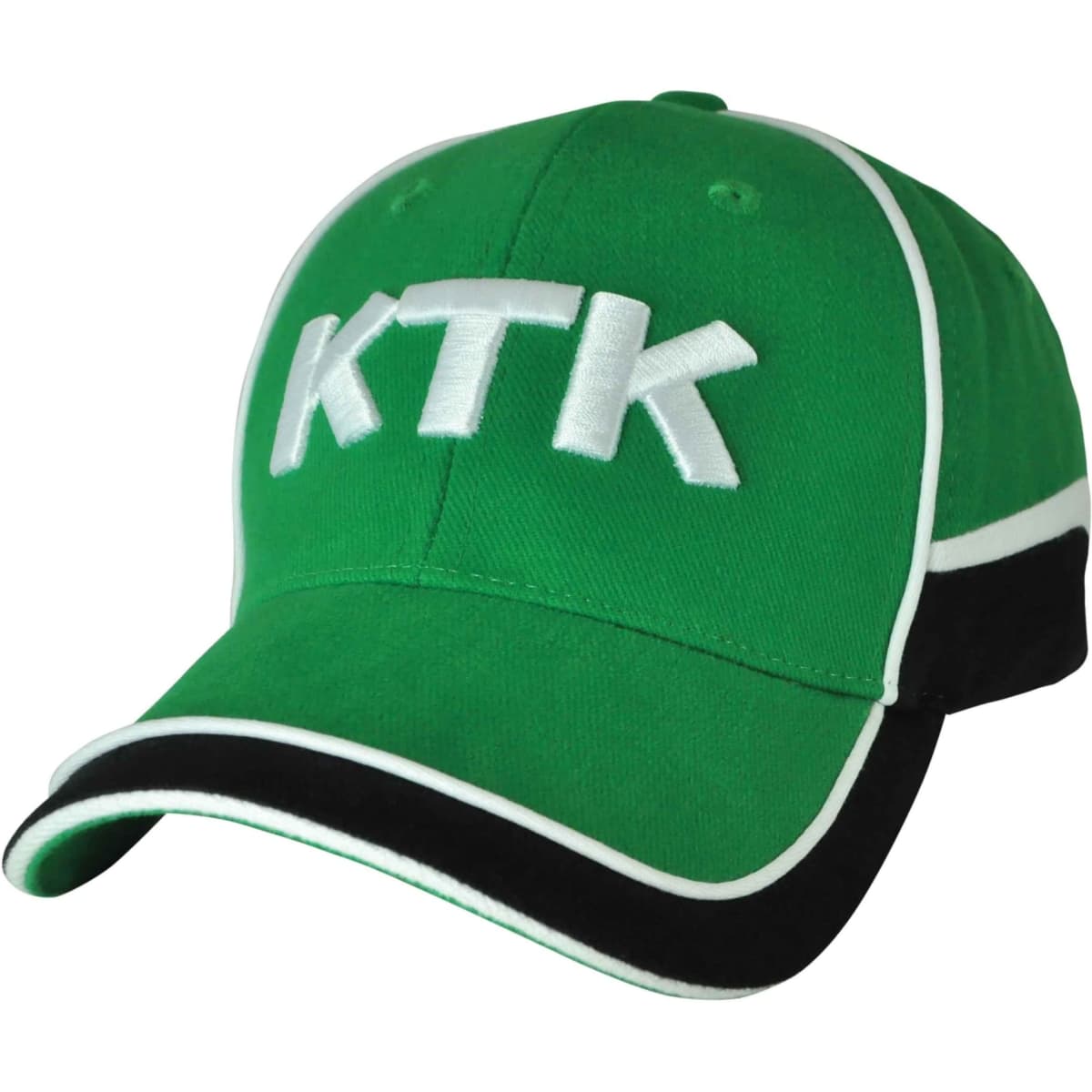 A green cap with white stitching and a black peak, featuring a logo on the front.