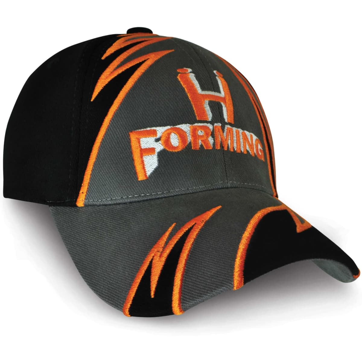 A black and grey cap with orange stitching and a logo featuring the word "FORMING."
