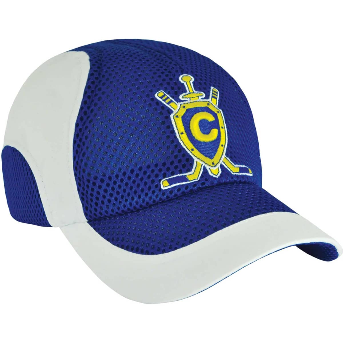 A blue and white cap with a mesh design and an embroidered logo featuring a shield and crossed sticks.