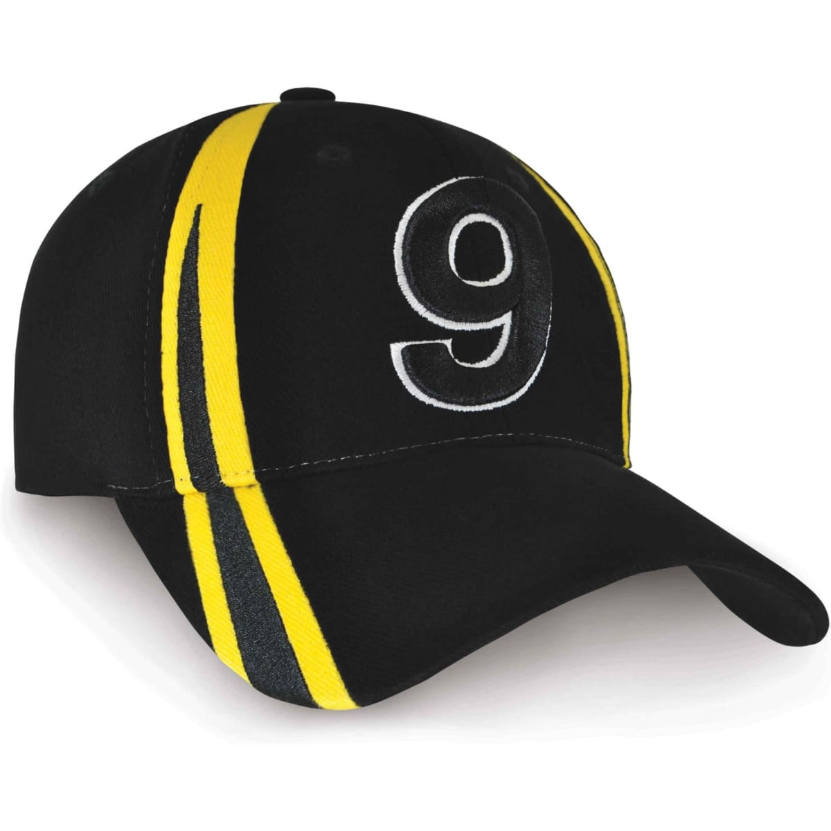 A black cap with yellow and green stripes and the number 9 embroidered on the front.