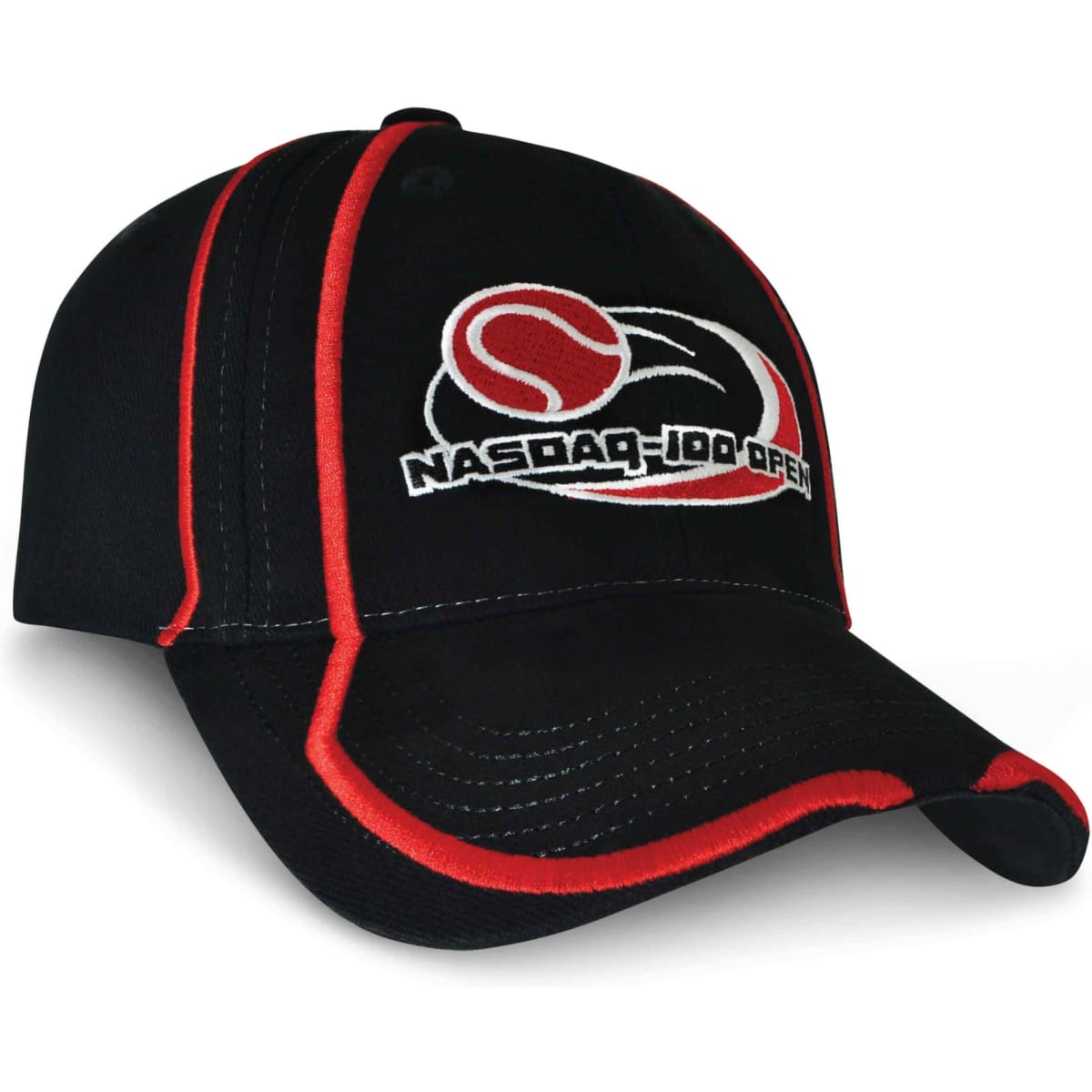 A black cap with red accents and a logo on the front, featuring a conventional baseball cap design.