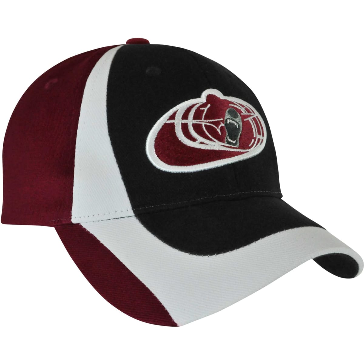 A black, burgundy, and white cap featuring a logo on the front. The cap has a curved brim and a structured design.