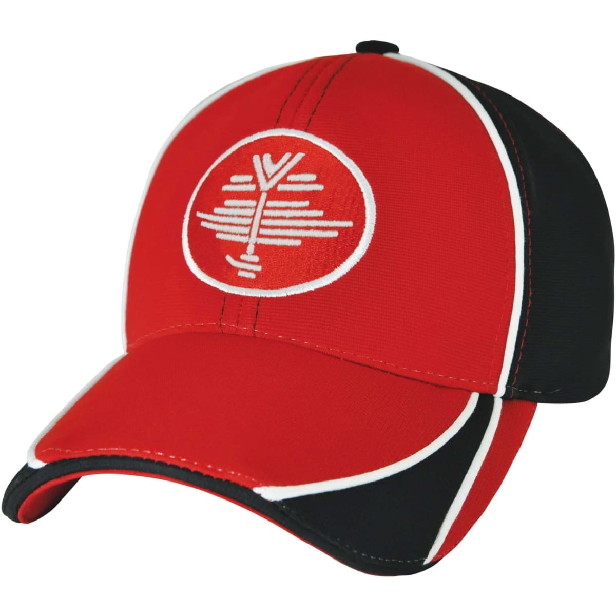 A red and black cap featuring a logo, with white accents along the seams and a curved brim.