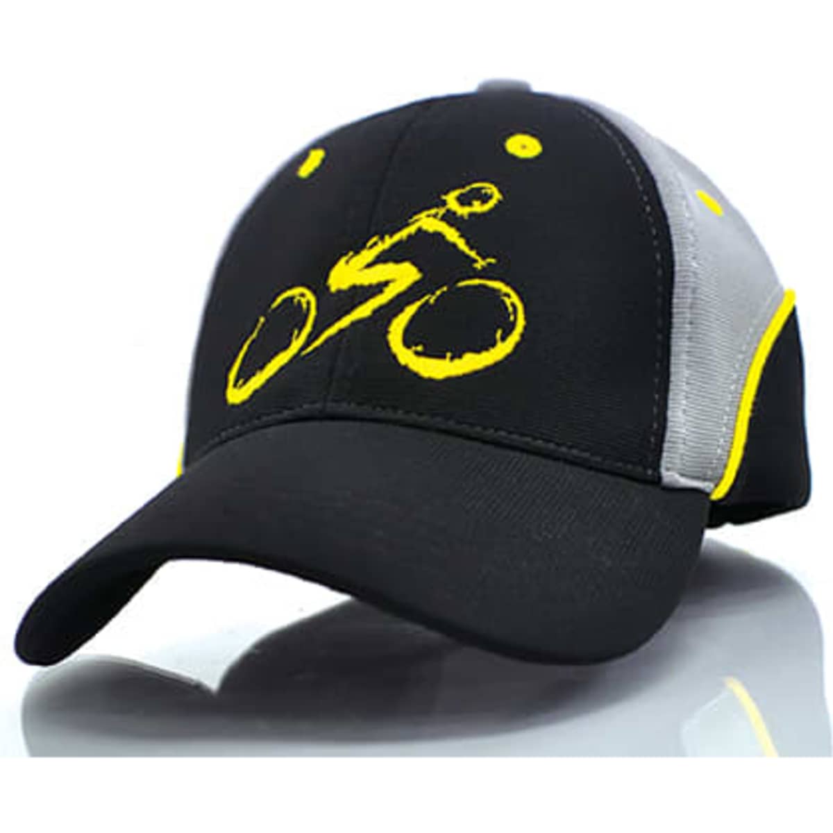 A black and grey cap featuring a yellow logo of a cyclist. The cap includes a logo on the front.