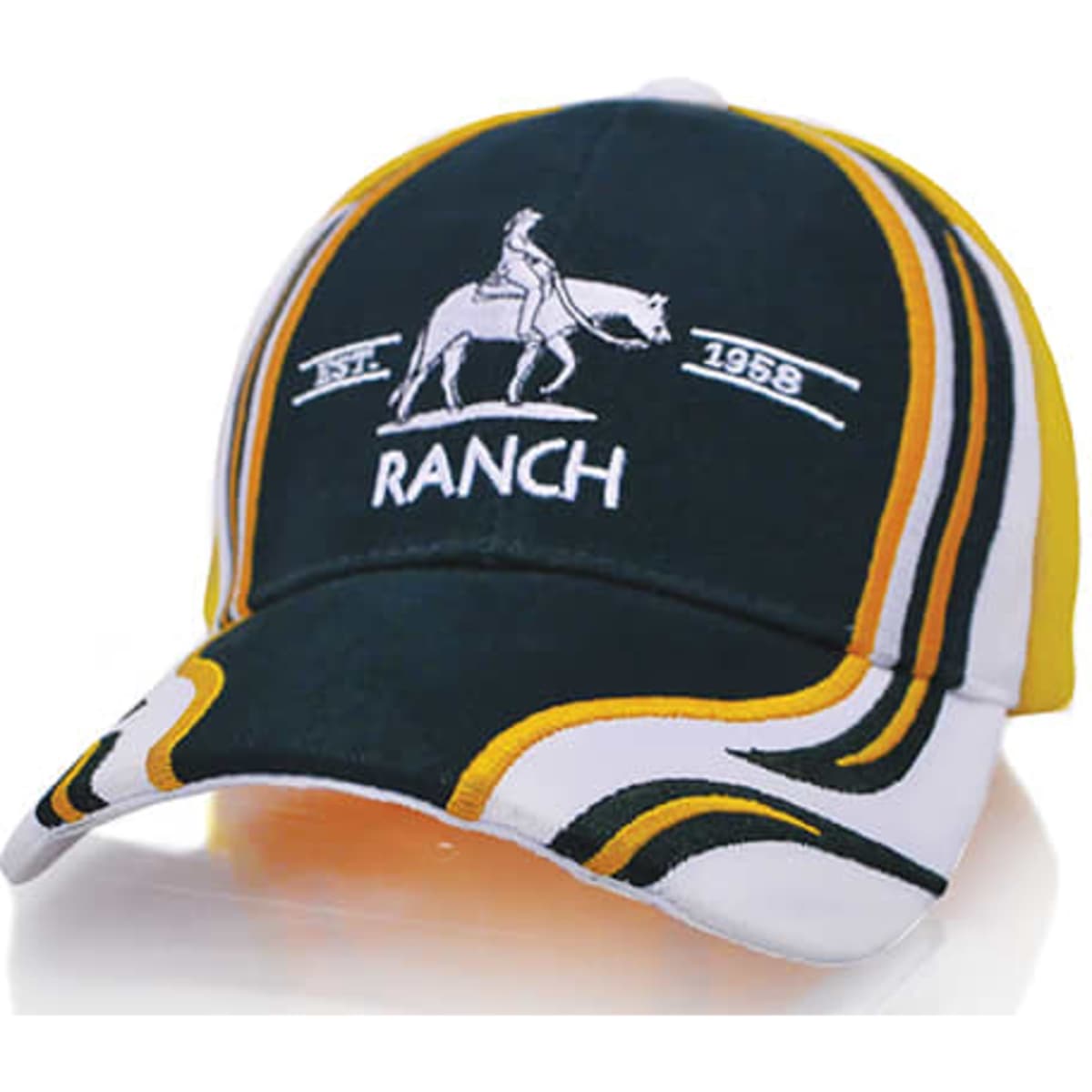 A navy and white cap featuring a logo and decorative stripes in yellow and green.