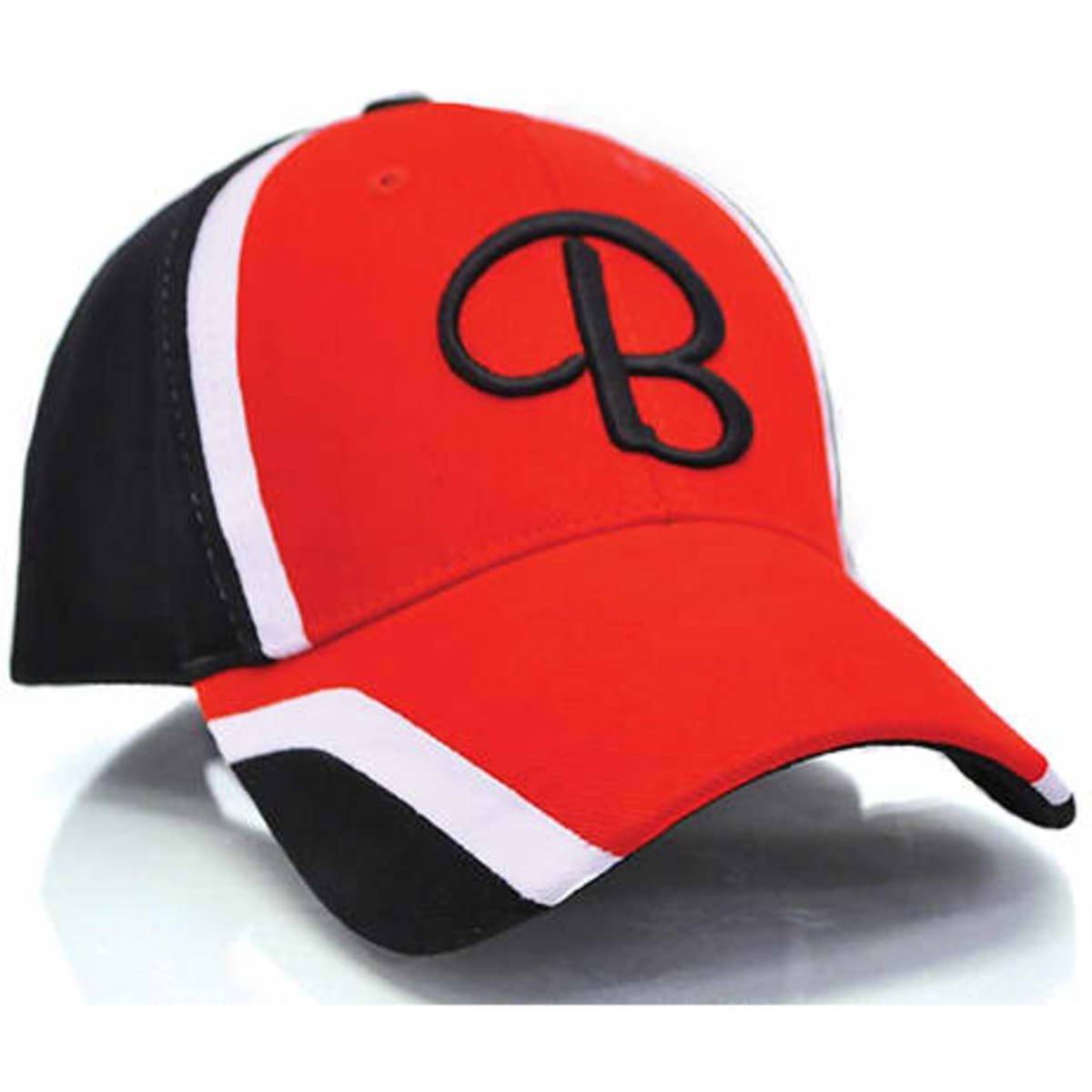 A red and black cap featuring a logo on the front, with a sporty design and contrasting white details.