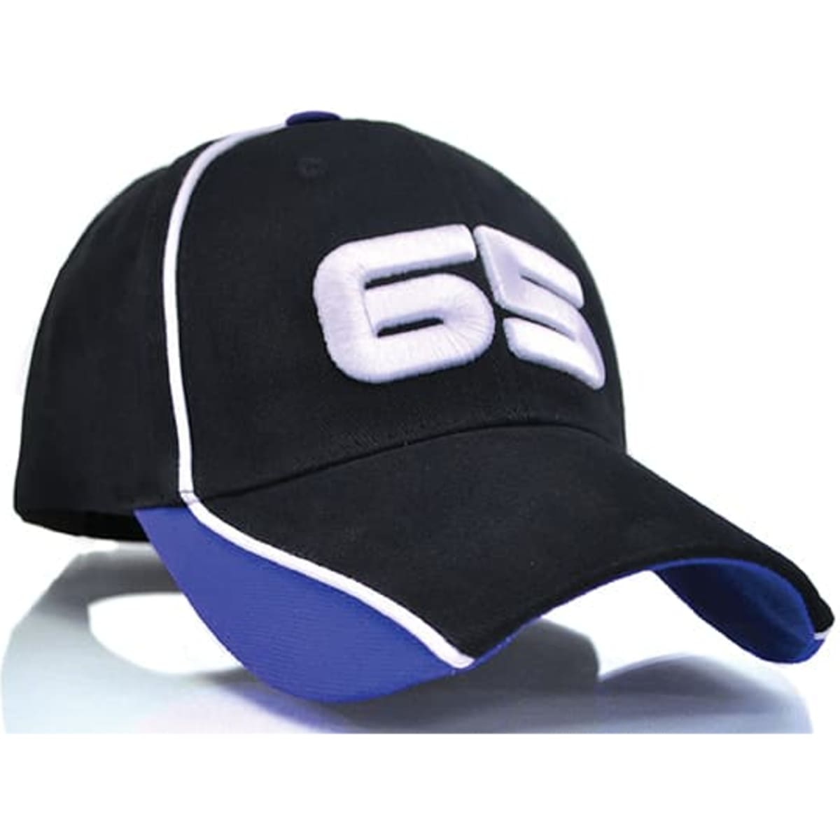 A black and blue cap featuring a large white logo on the front and contrasting stitching.