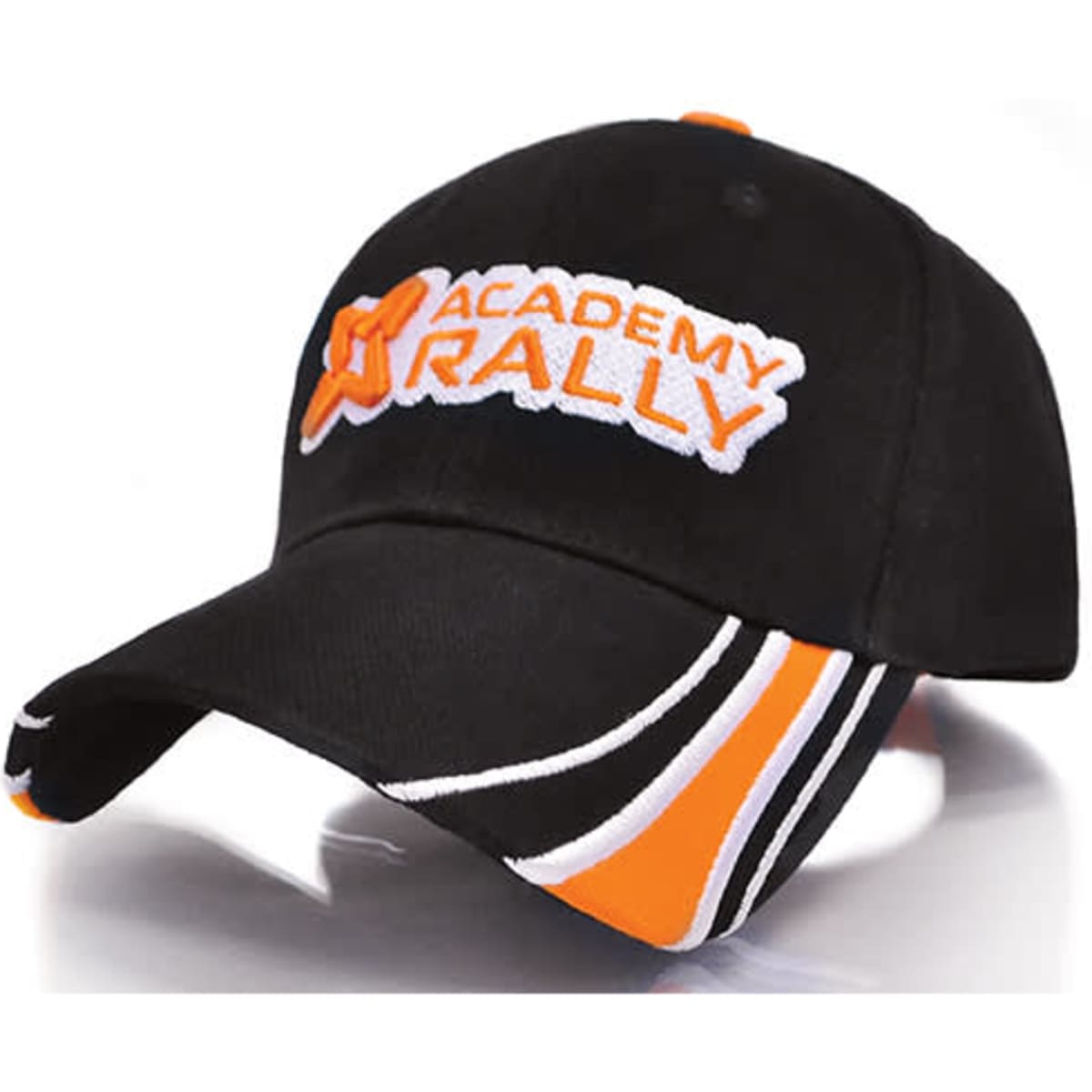 A black cap featuring orange and white accents, with a logo on the front.