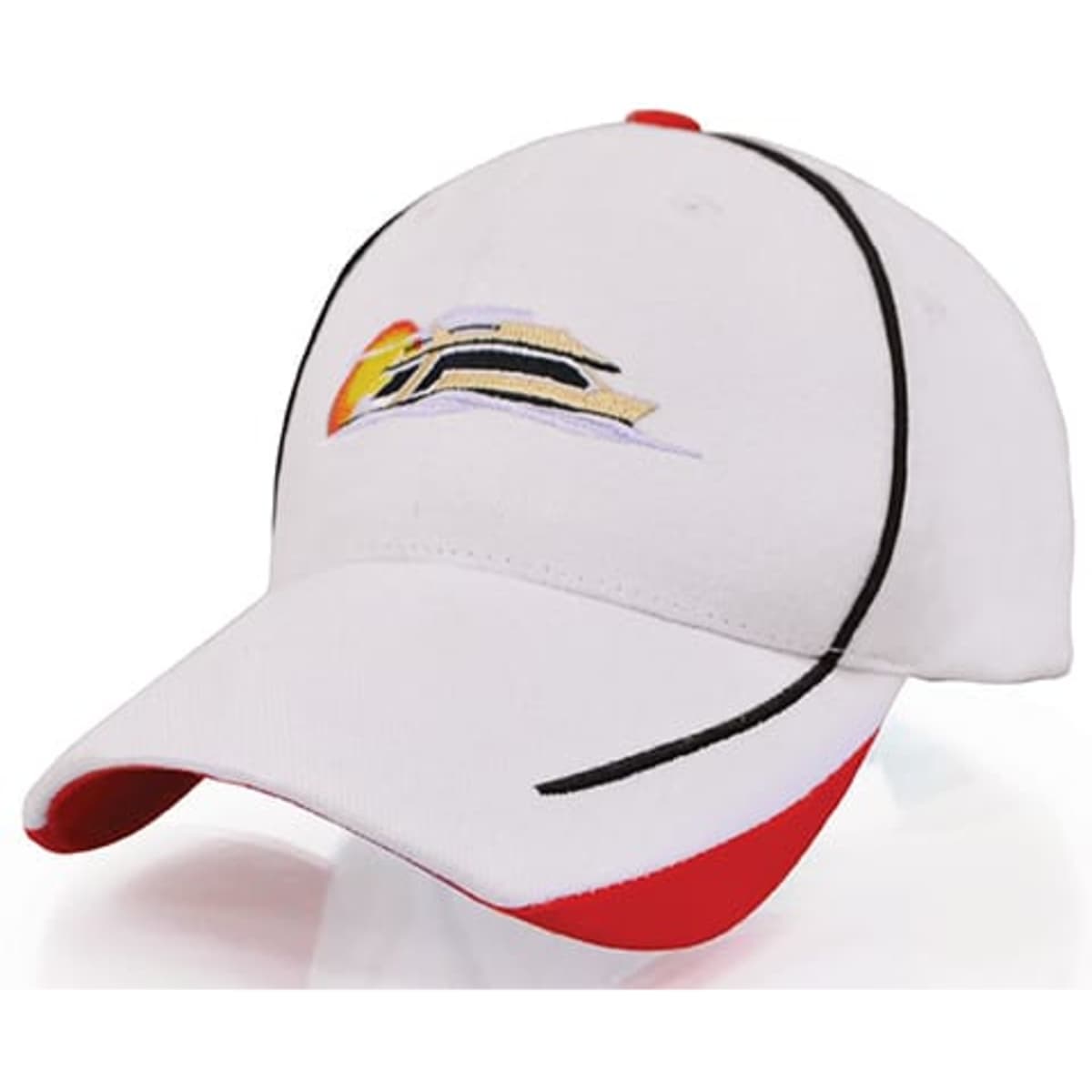 A white cap with a red brim and an embroidered logo on the front.