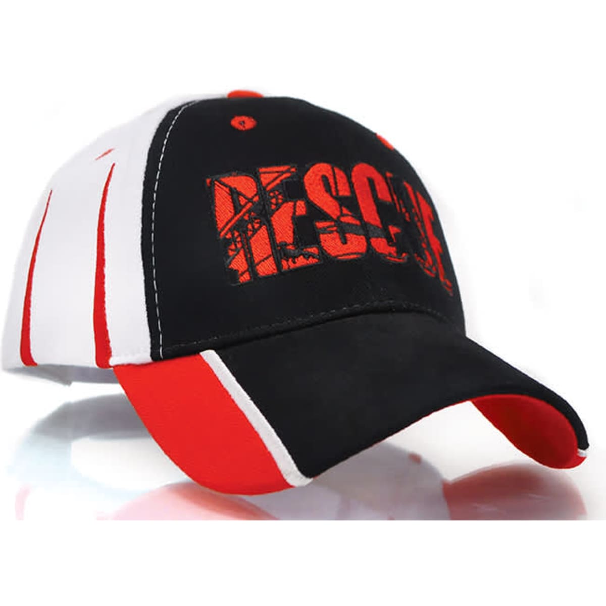 A black and red cap featuring a bold design and a logo on the front.