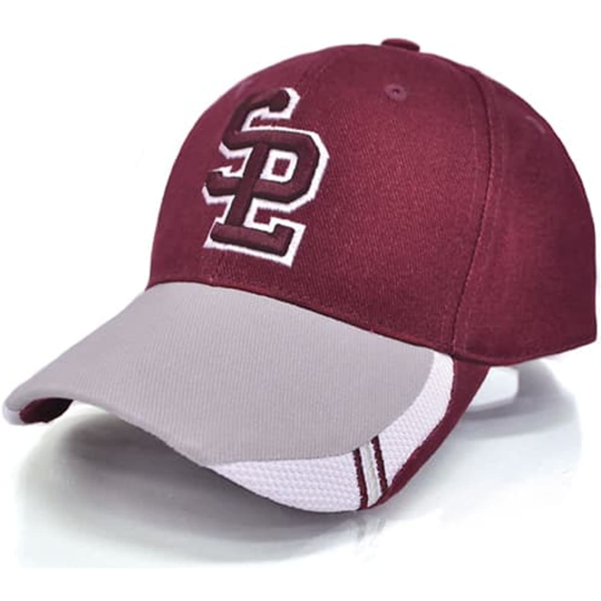 A maroon and grey cap with a logo on the front and contrasting side panels.