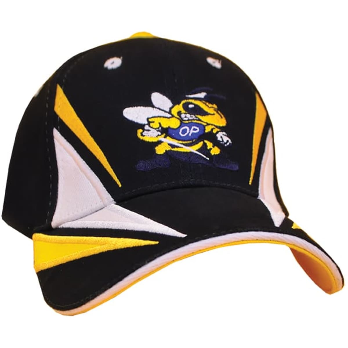 A black cap with yellow and white accents, featuring an embroidered bee logo on the front.
