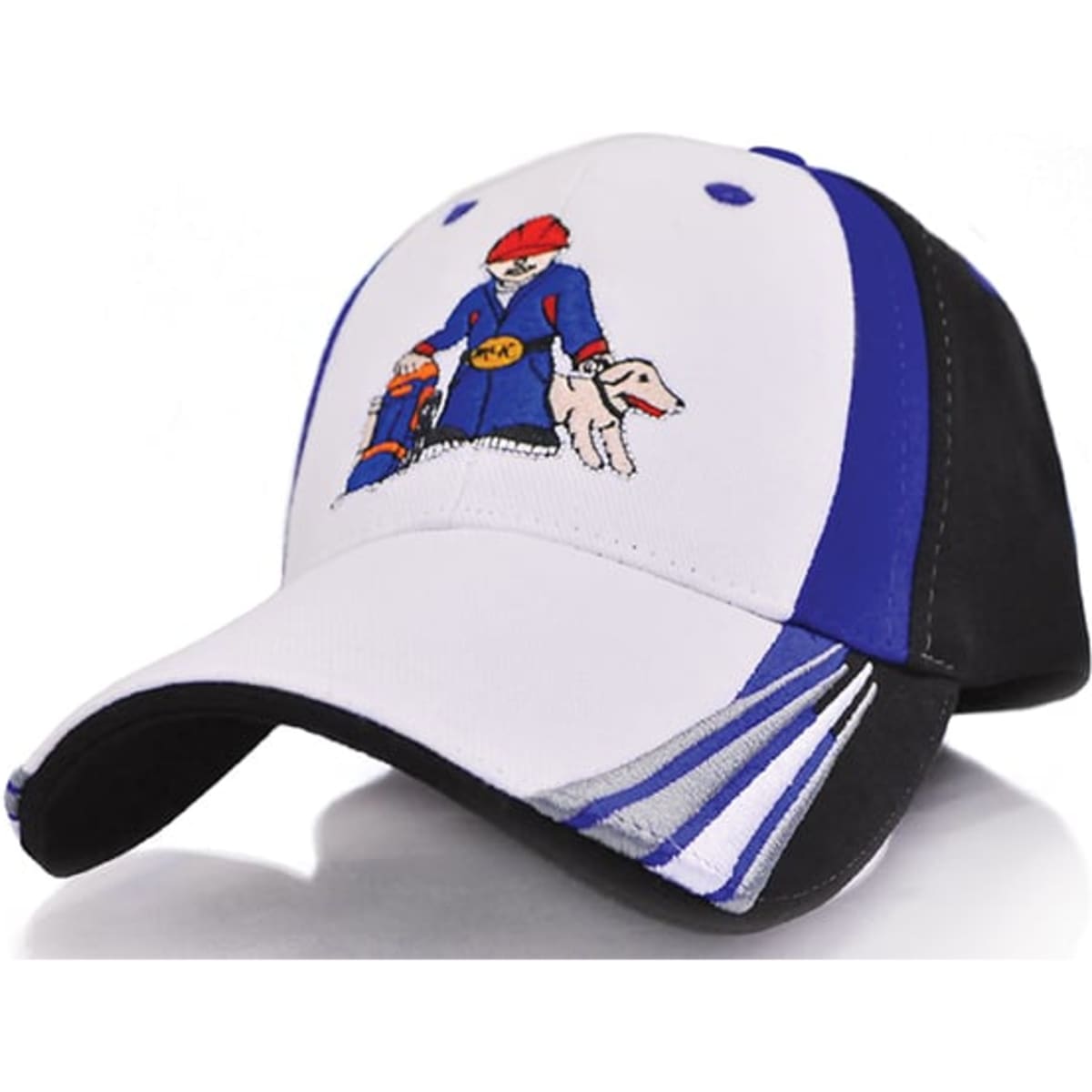 A cap featuring a blue, white, and black design with an embroidered character holding a dog.