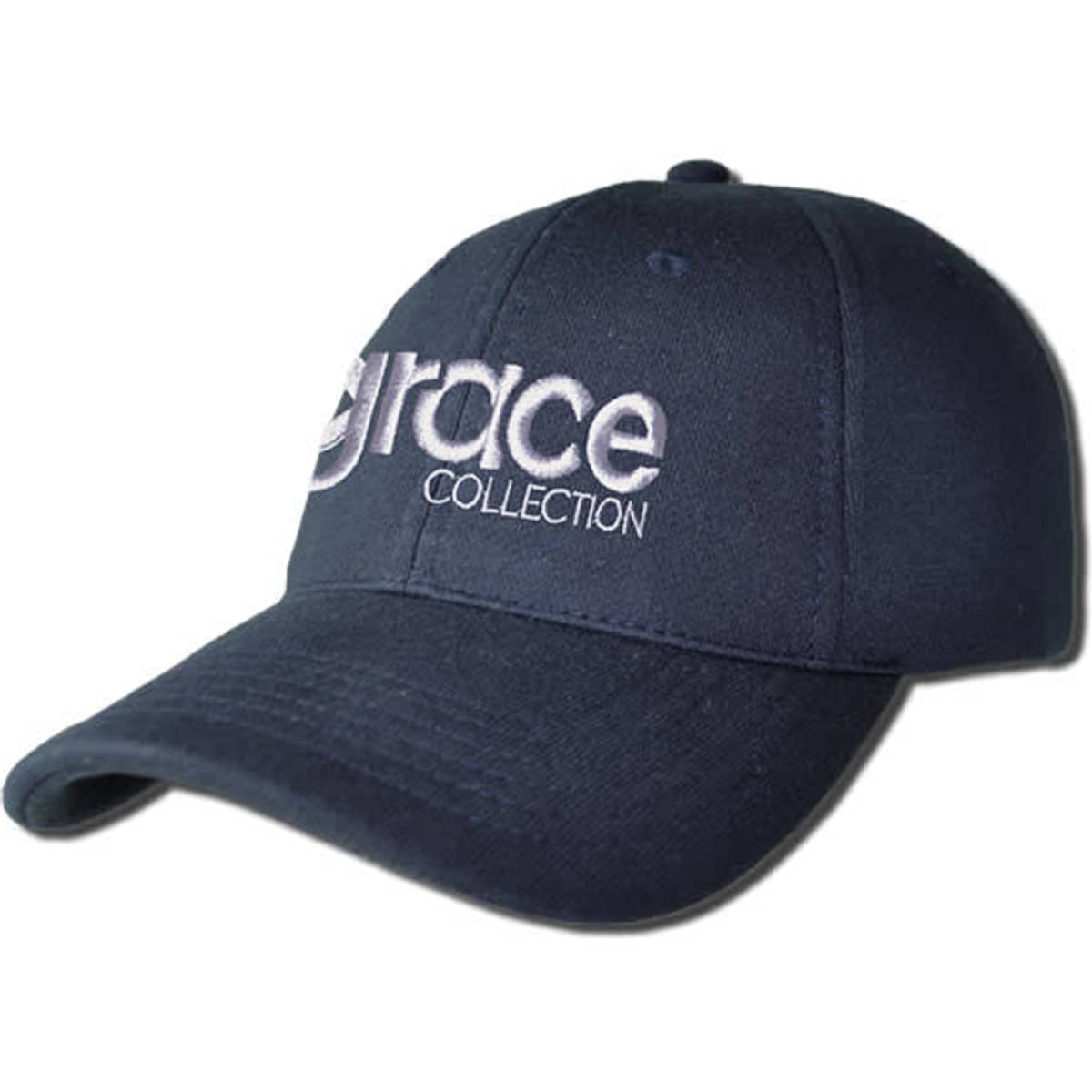 A navy cap featuring a logo and embroidered text for the "Grace Collection".