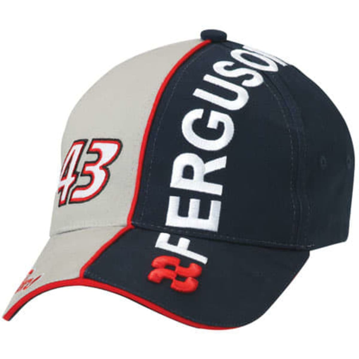 A navy and grey cap featuring red accents and a logo, with embroidered text on the front and side.