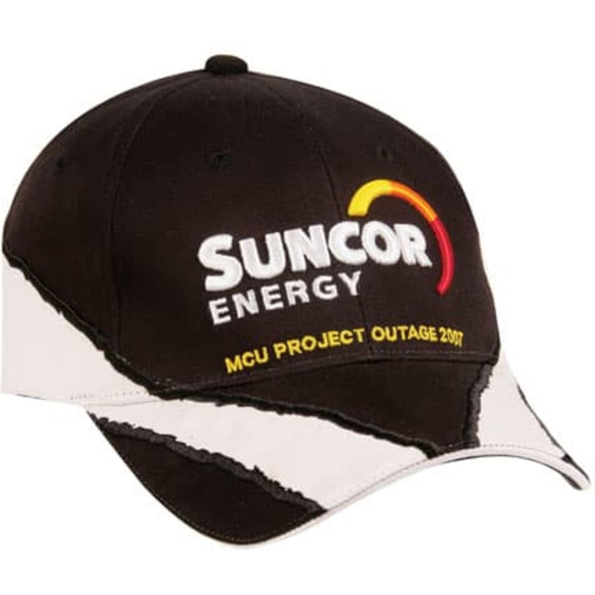 A black and white cap featuring a logo, with an embroidered design and a curved peak.
