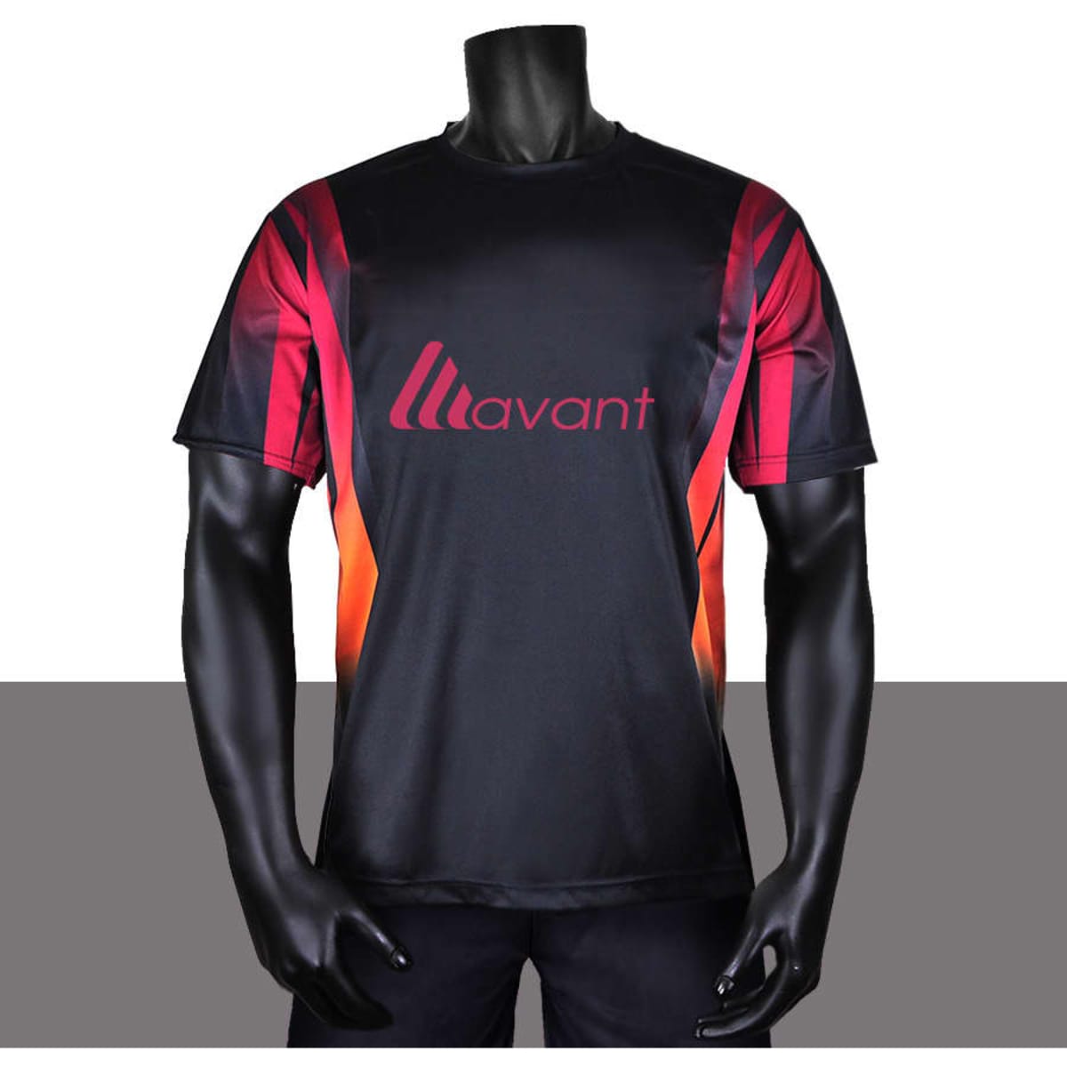 A black t-shirt with red and orange accents, featuring a logo on the front.