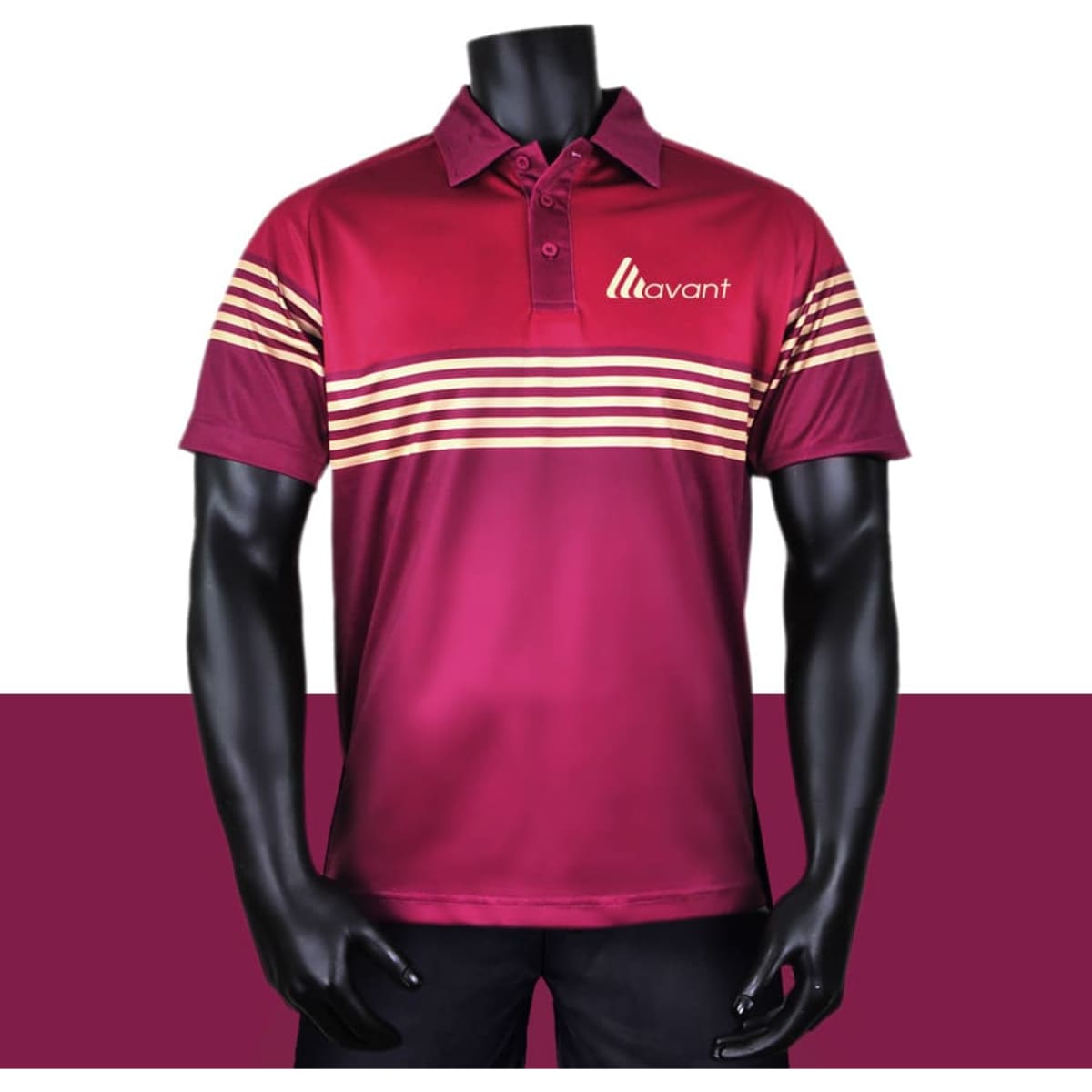 A maroon polo shirt featuring horizontal stripes and a logo, displayed on a black mannequin against a plain background.