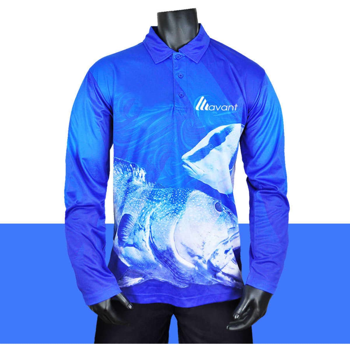 A blue long-sleeved polo shirt featuring a fish design and a logo. The shirt has a classic collar and buttons.