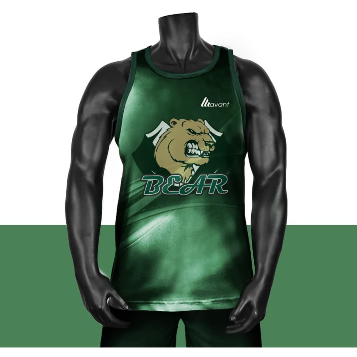 A green sublimated singlet featuring a bear graphic and a logo. It has a sleek design with a shiny finish.