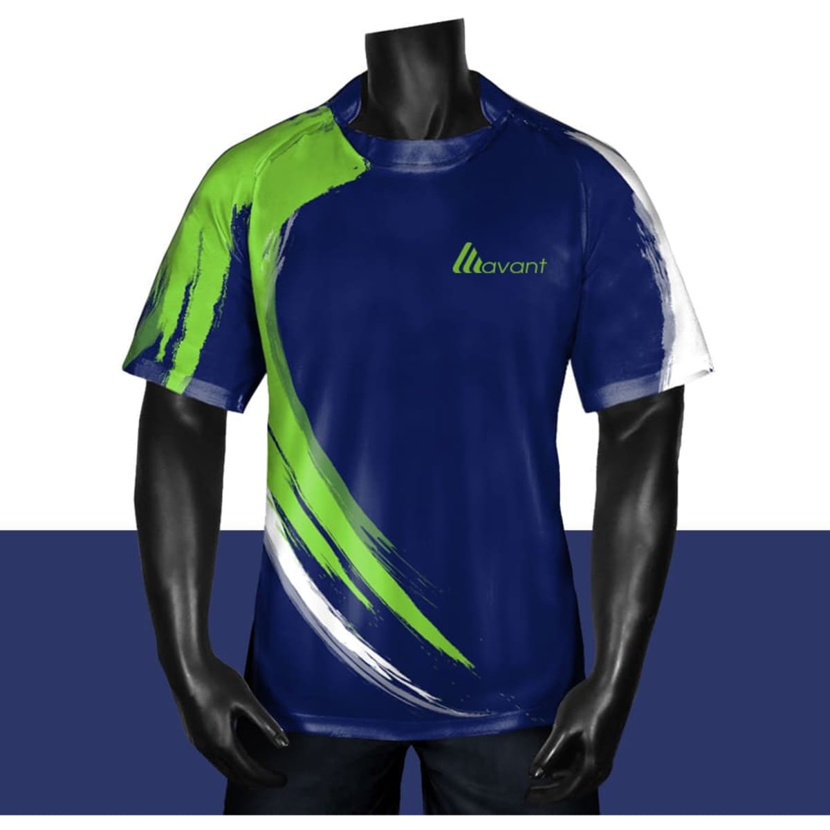 A sublimated jersey featuring navy blue and bright green designs, displayed on a mannequin. It has a branding logo.