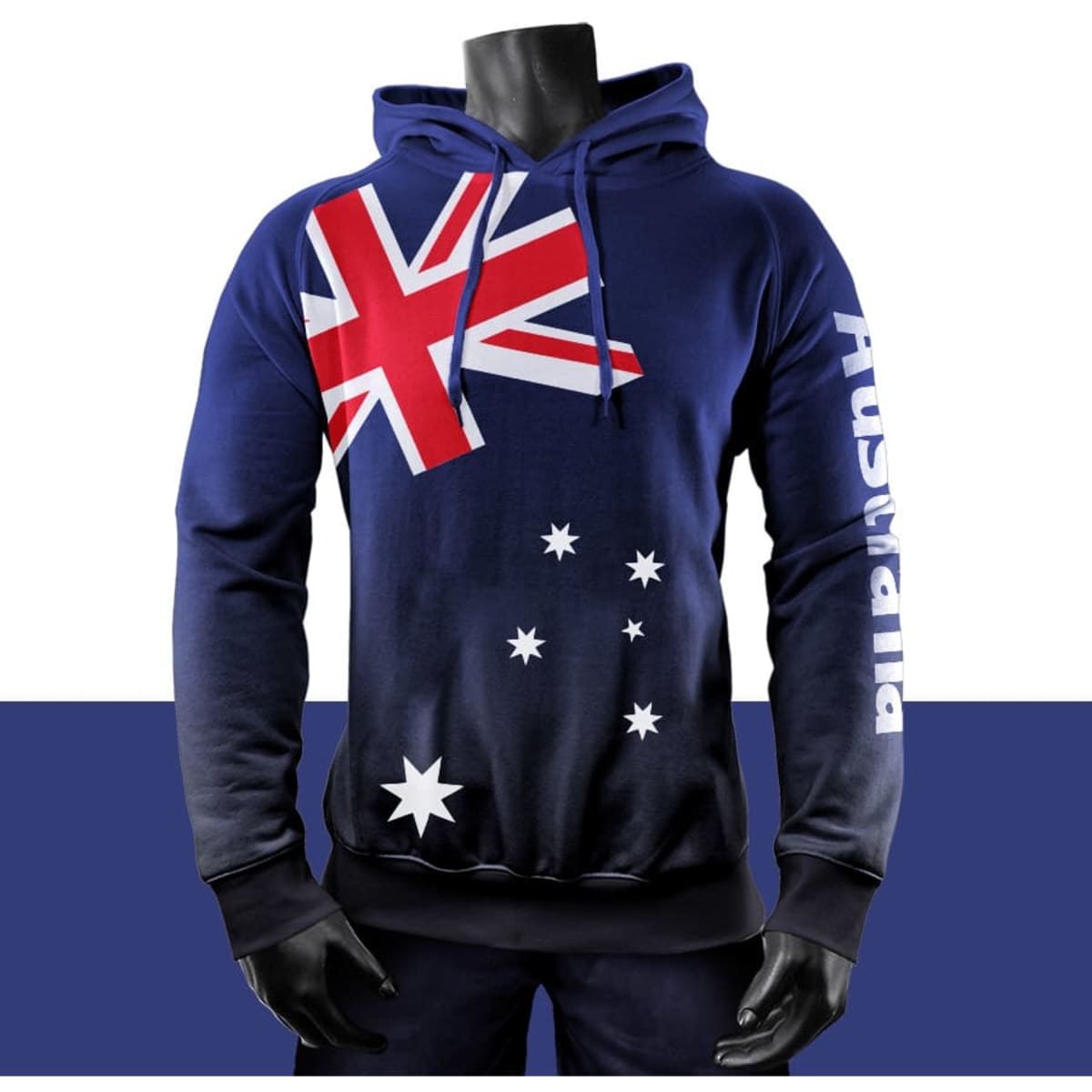 A navy sublimated hoodie featuring the Australian flag and a star design, with a logo on the arm.