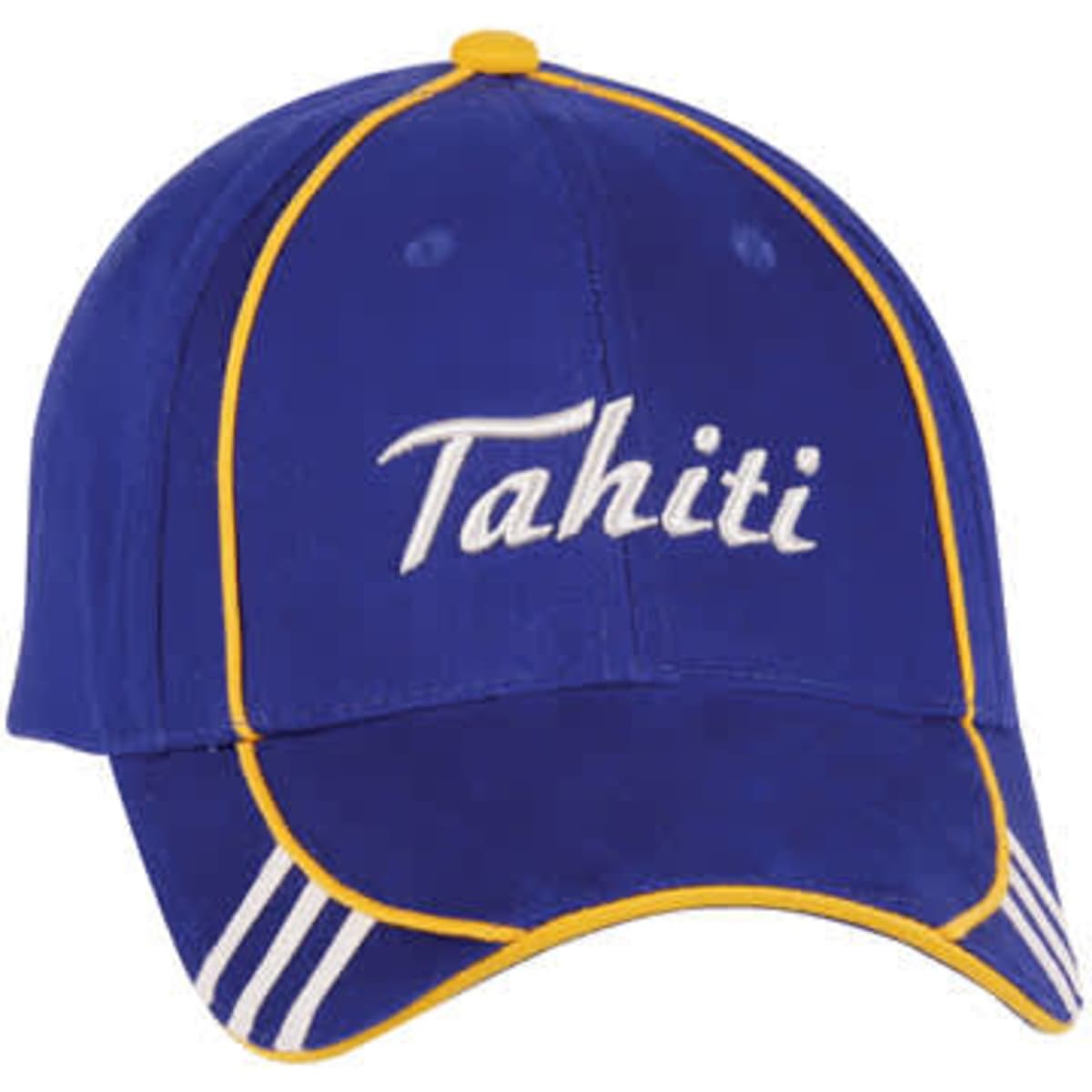 A blue cap with yellow and white detailing, featuring a logo on the front and striped accents on the sides.