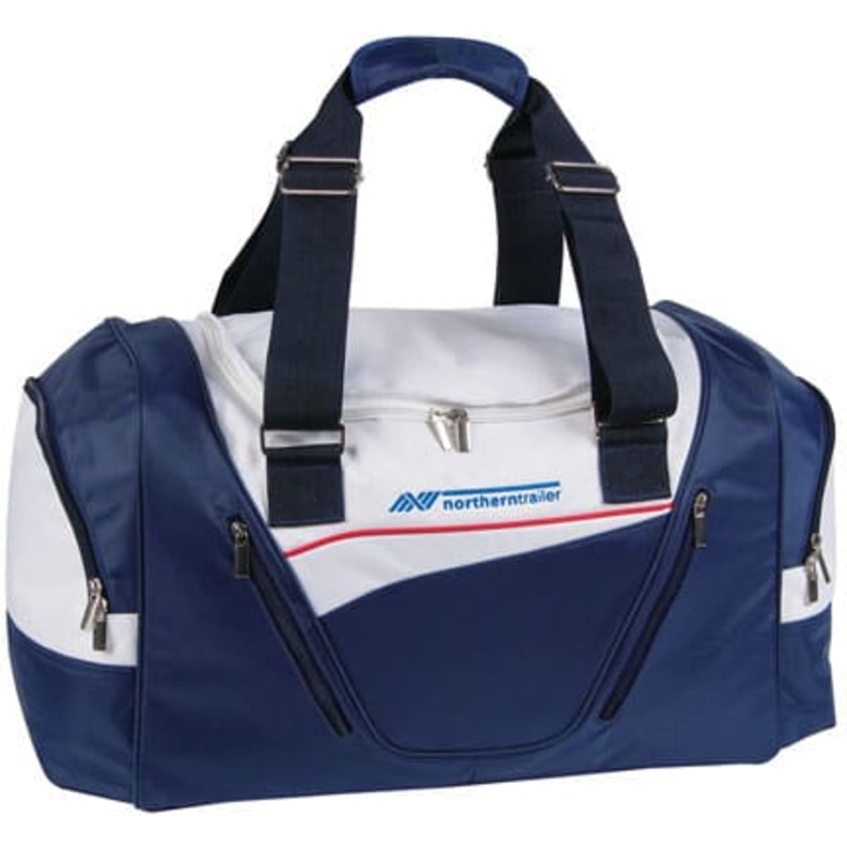 A navy and white duffle bag with front zip pocket and side compartments, featuring a logo.