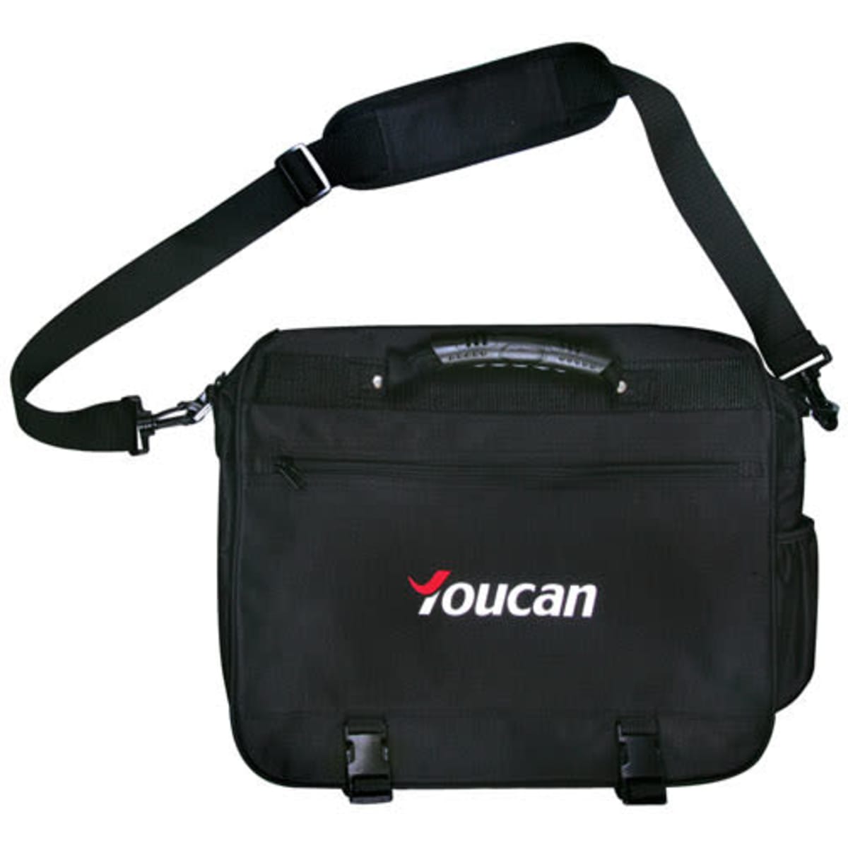 A black satchel bag with adjustable shoulder strap and a front pocket, featuring a logo.