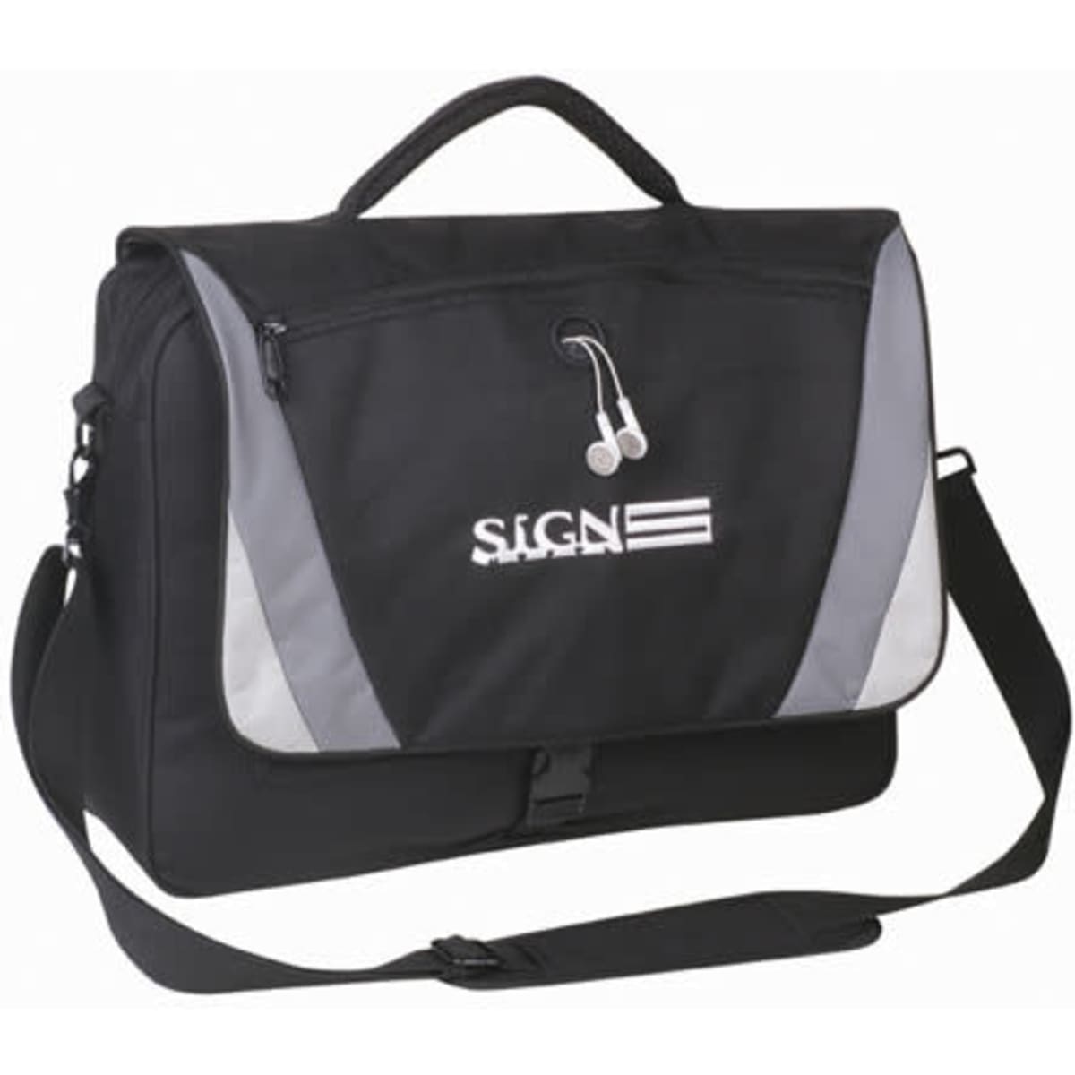 A black laptop bag with grey accents, featuring a shoulder strap and a front pocket with a logo.