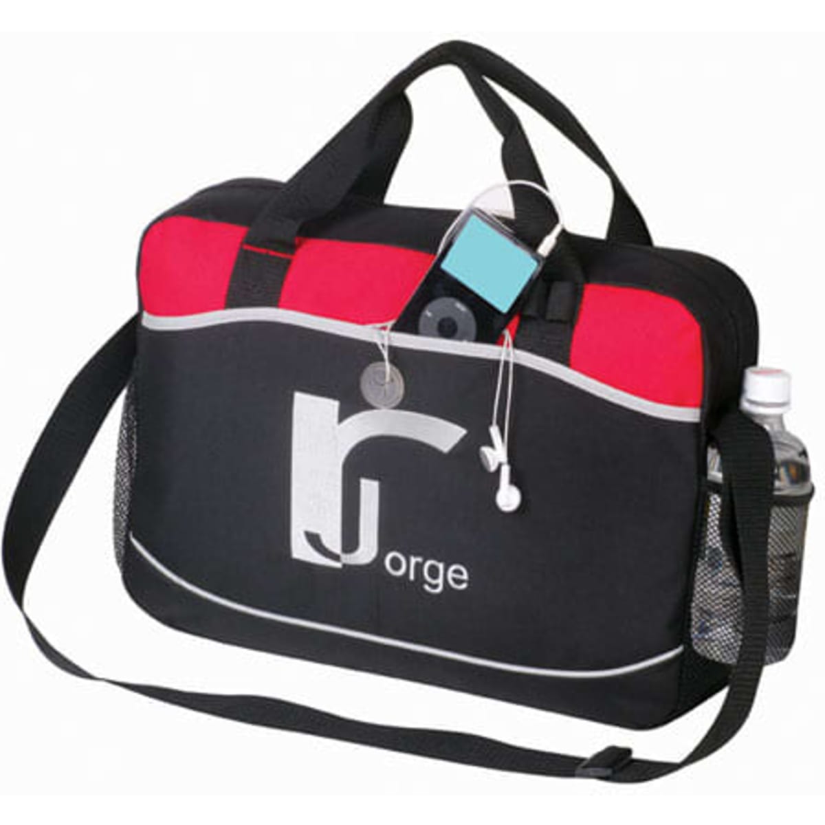 A black and red conference bag with a shoulder strap, featuring a logo and a drink bottle in a side pocket.
