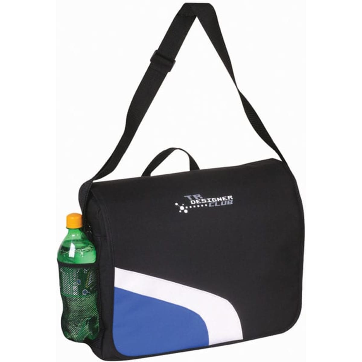A black conference bag with a blue accent, featuring a shoulder strap and a side pocket holding a drink bottle.