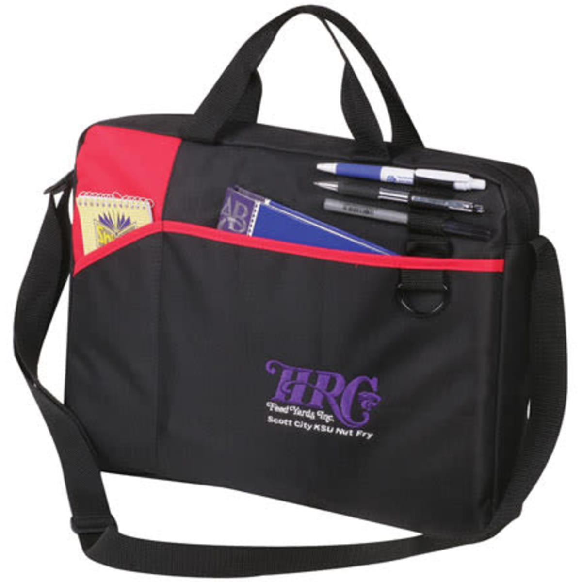 A black conference bag with red accents, featuring various pens, a notebook, and a logo on the front.